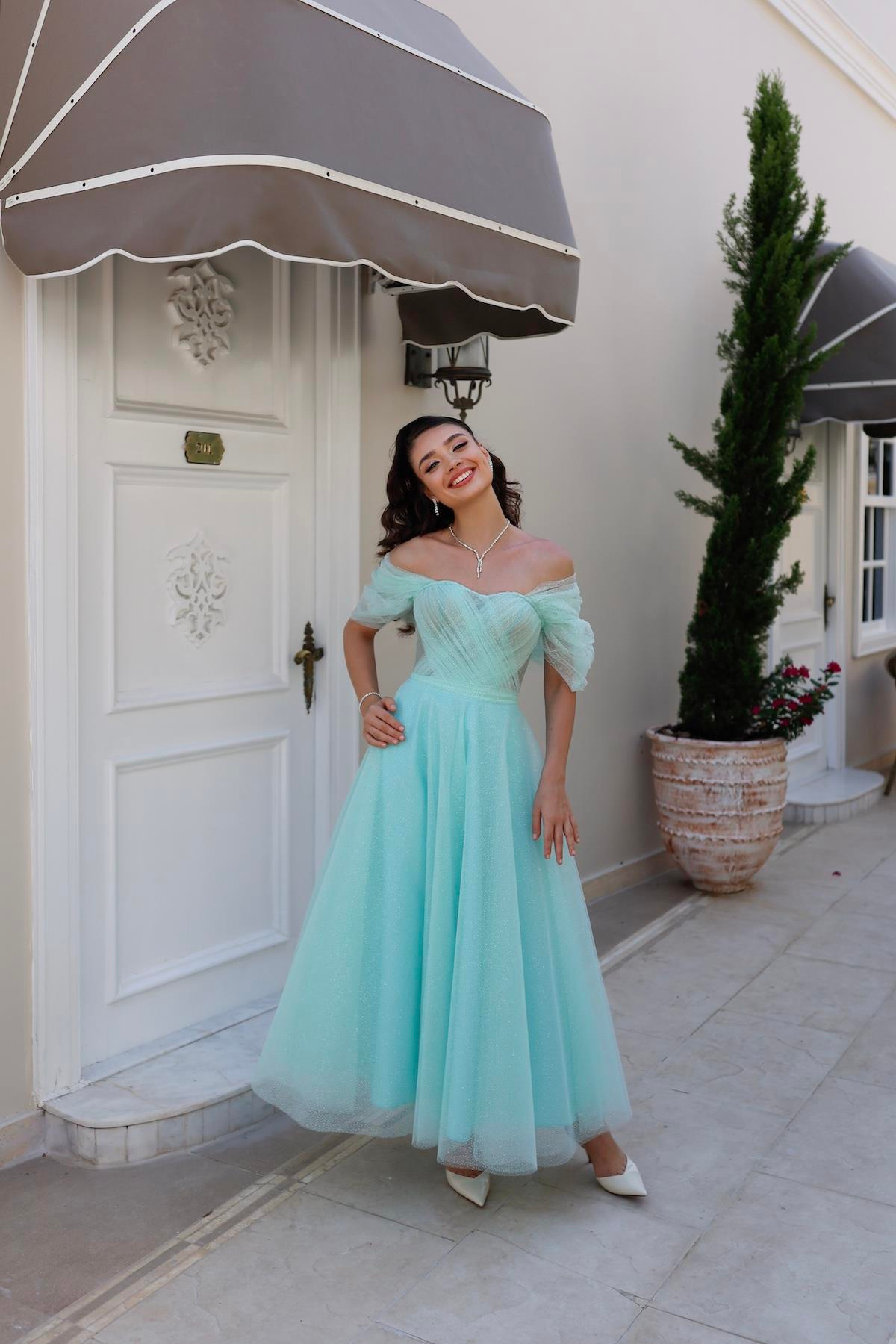 TheElsa | GİYİM | TAKI | Henna Simli Su Yeşili Özel Tasarım Abiye Tül ElbiseÖZEL ÜRETİM ELBİSEHenna Glitter Water Green Special Design Evening Dress Tulle Dress