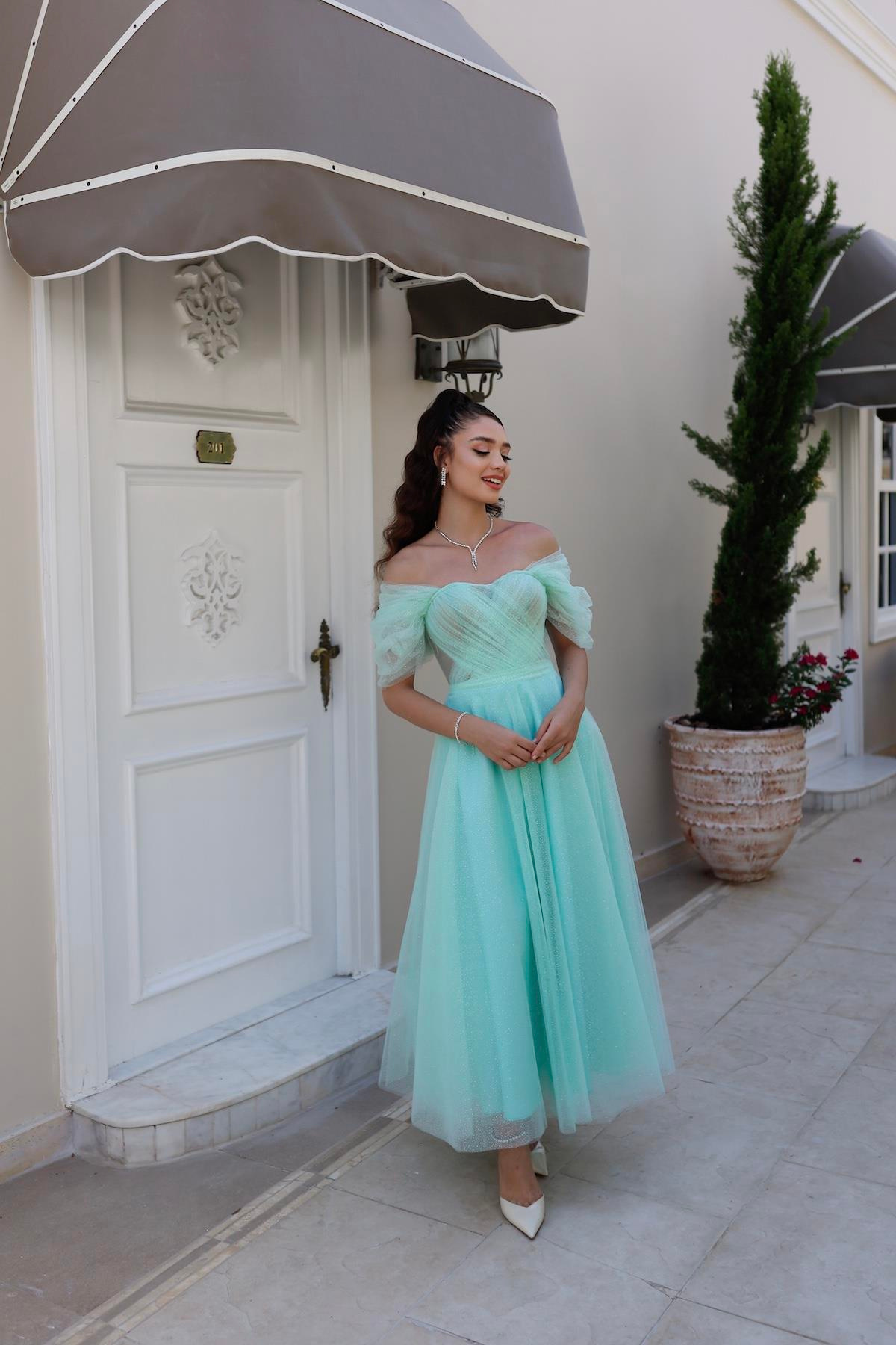 TheElsa | GİYİM | TAKI | Henna Simli Su Yeşili Özel Tasarım Abiye Tül ElbiseÖZEL ÜRETİM ELBİSEHenna Glitter Water Green Special Design Evening Dress Tulle Dress