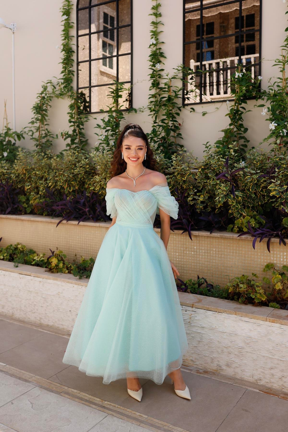 TheElsa | GİYİM | TAKI | Henna Simli Su Yeşili Özel Tasarım Abiye Tül ElbiseÖZEL ÜRETİM ELBİSEHenna Glitter Water Green Special Design Evening Dress Tulle Dress