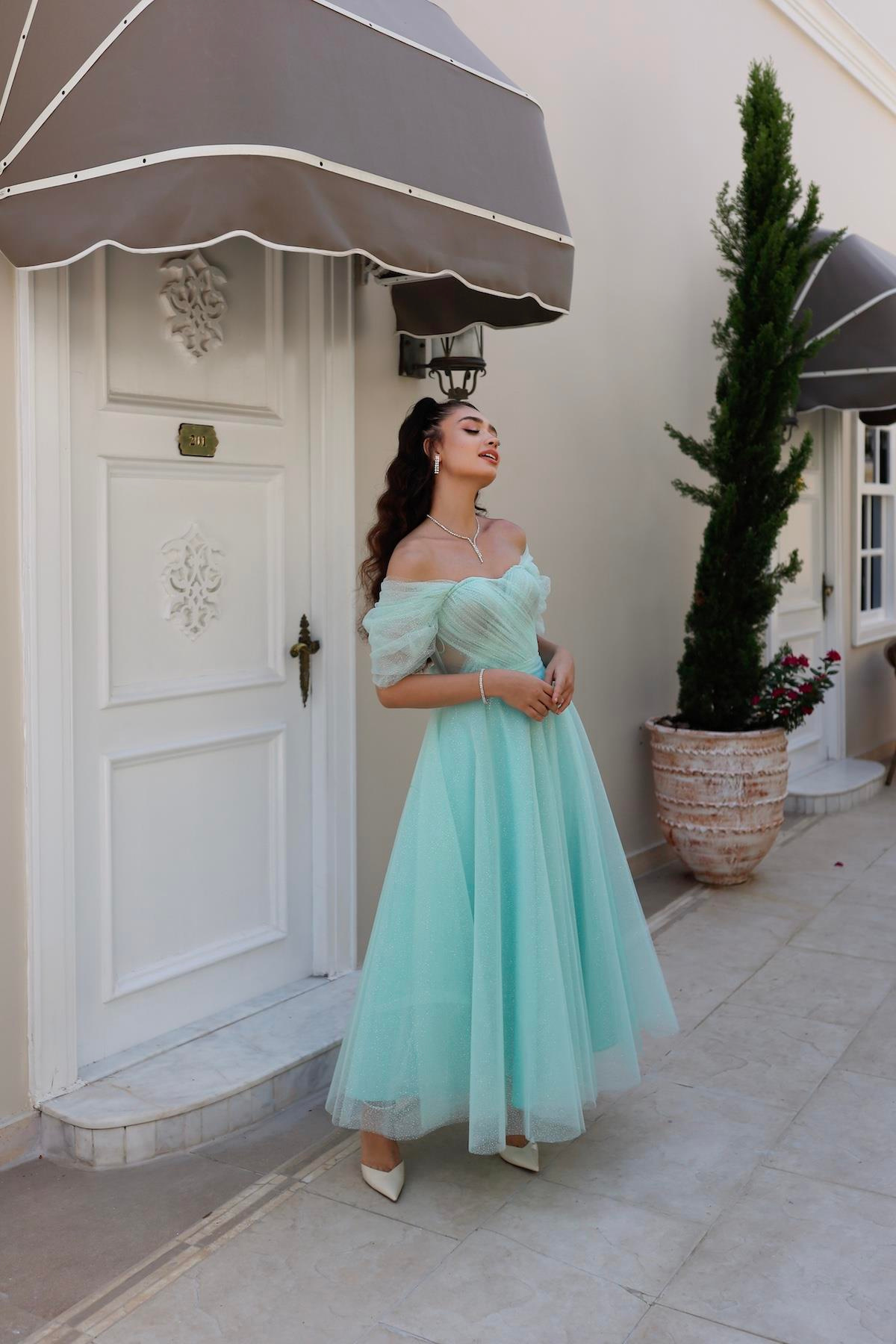 TheElsa | GİYİM | TAKI | Henna Simli Su Yeşili Özel Tasarım Abiye Tül ElbiseÖZEL ÜRETİM ELBİSEHenna Glitter Water Green Special Design Evening Dress Tulle Dress