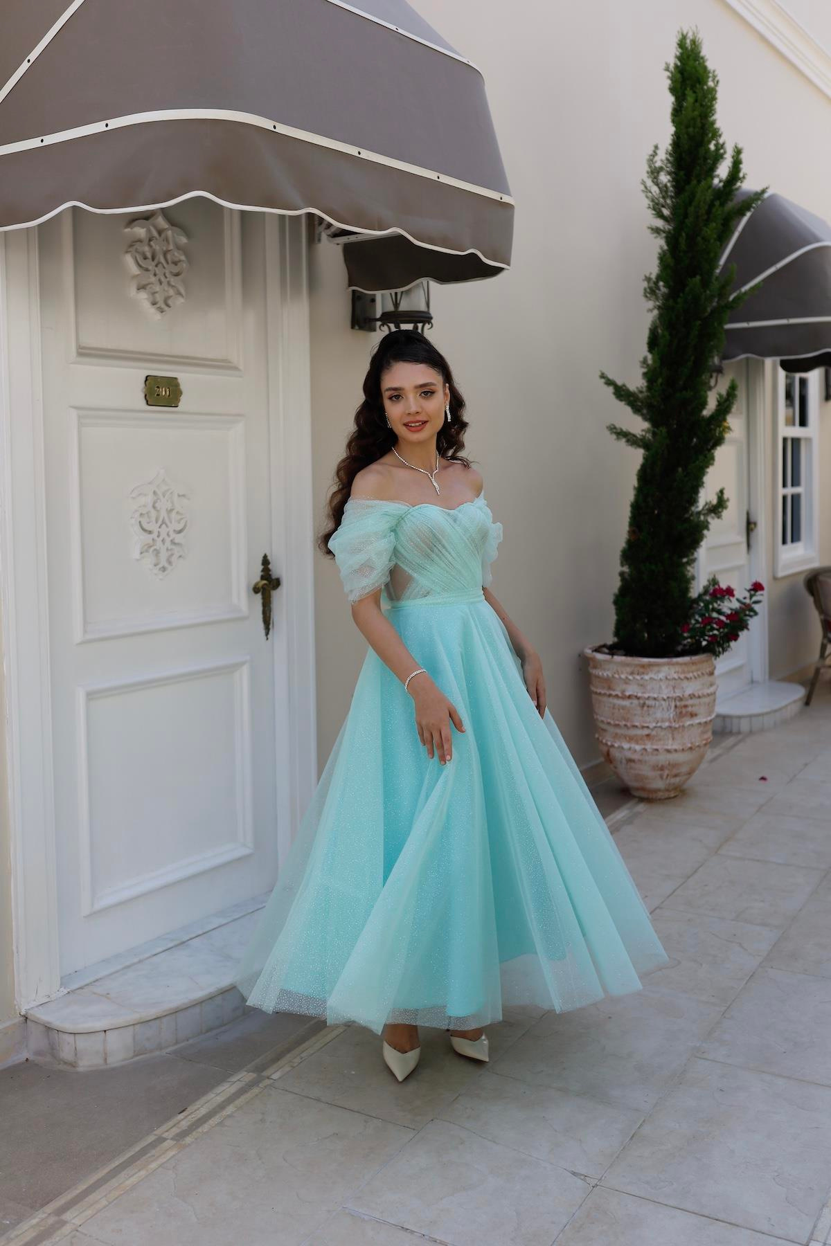 TheElsa | GİYİM | TAKI | Henna Simli Su Yeşili Özel Tasarım Abiye Tül ElbiseÖZEL ÜRETİM ELBİSEHenna Glitter Water Green Special Design Evening Dress Tulle Dress
