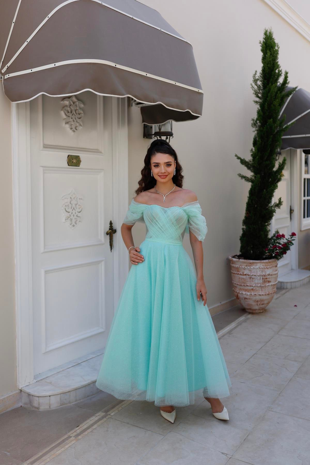 TheElsa | GİYİM | TAKI | Henna Simli Su Yeşili Özel Tasarım Abiye Tül ElbiseÖZEL ÜRETİM ELBİSEHenna Glitter Water Green Special Design Evening Dress Tulle Dress