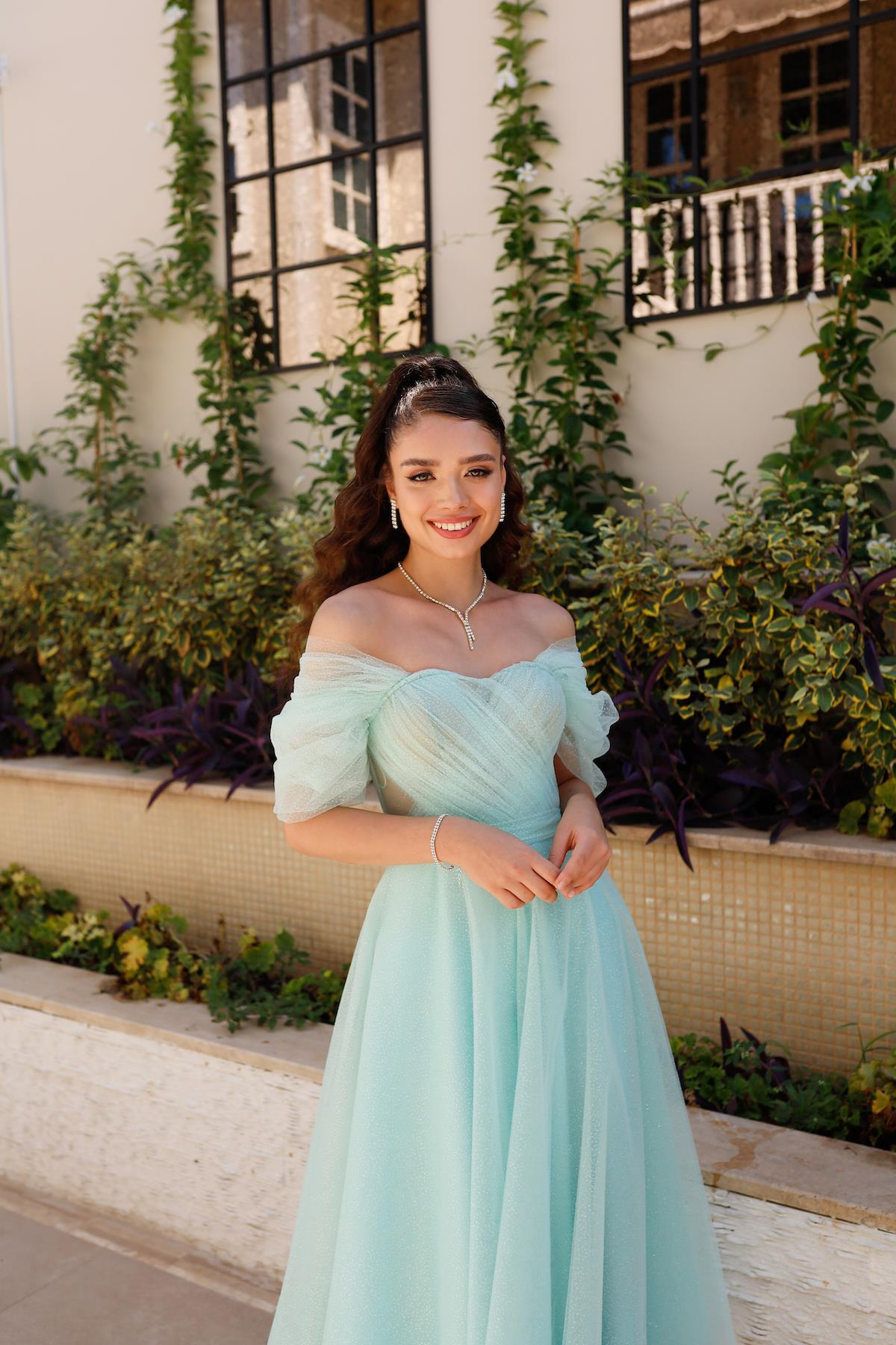 TheElsa | GİYİM | TAKI | Henna Simli Su Yeşili Özel Tasarım Abiye Tül ElbiseÖZEL ÜRETİM ELBİSEHenna Glitter Water Green Special Design Evening Dress Tulle Dress