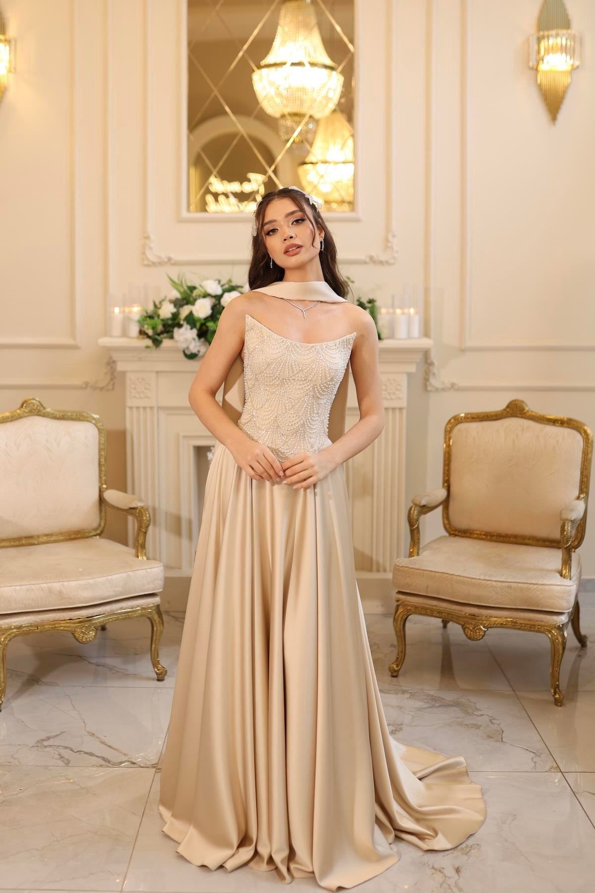 TheElsa | HERA BEJSADE ELBİSELERHera Bej Korseli Uzun Saten Nişan Davet Elbisesi