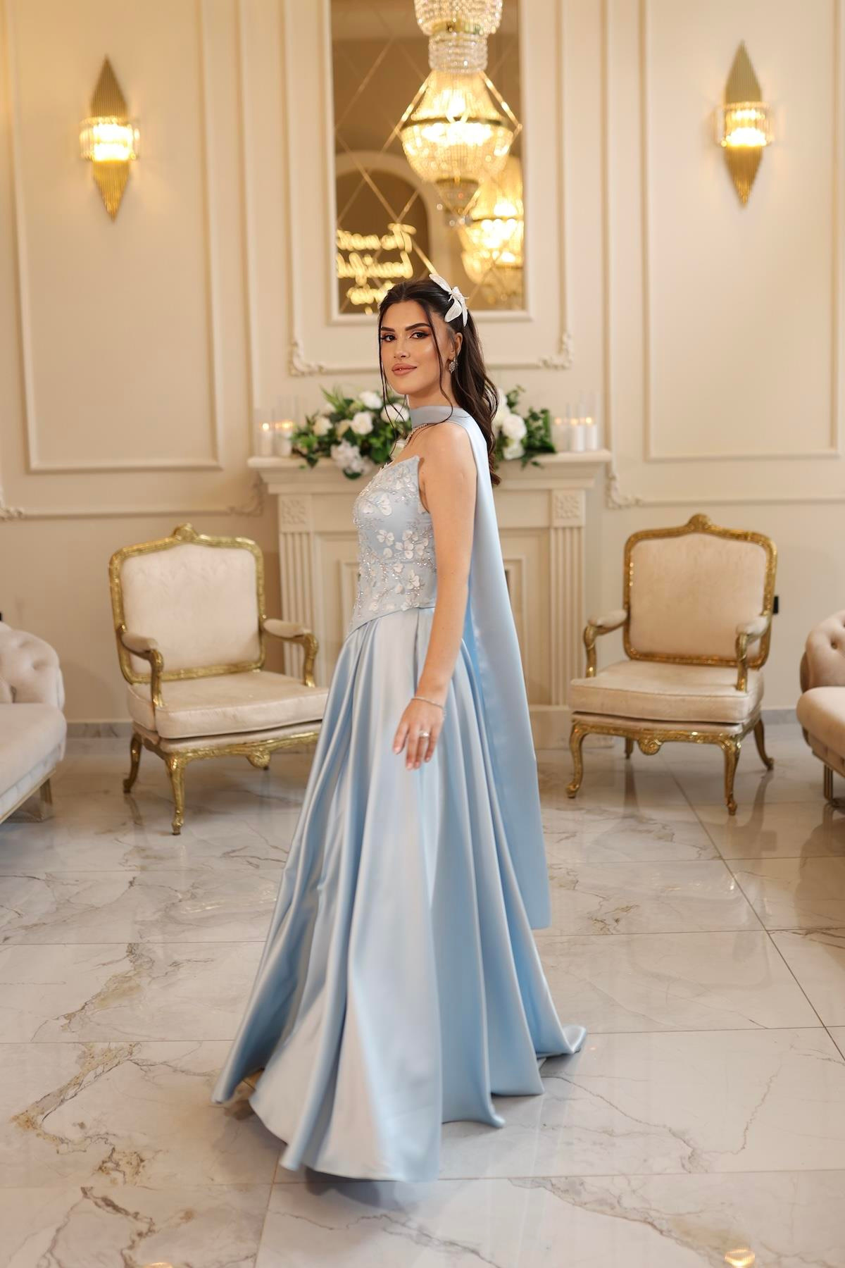 TheElsa | HERA MAVİSADE ELBİSELERHera Mavi Korseli Uzun Saten Nişan Davet Elbisesi