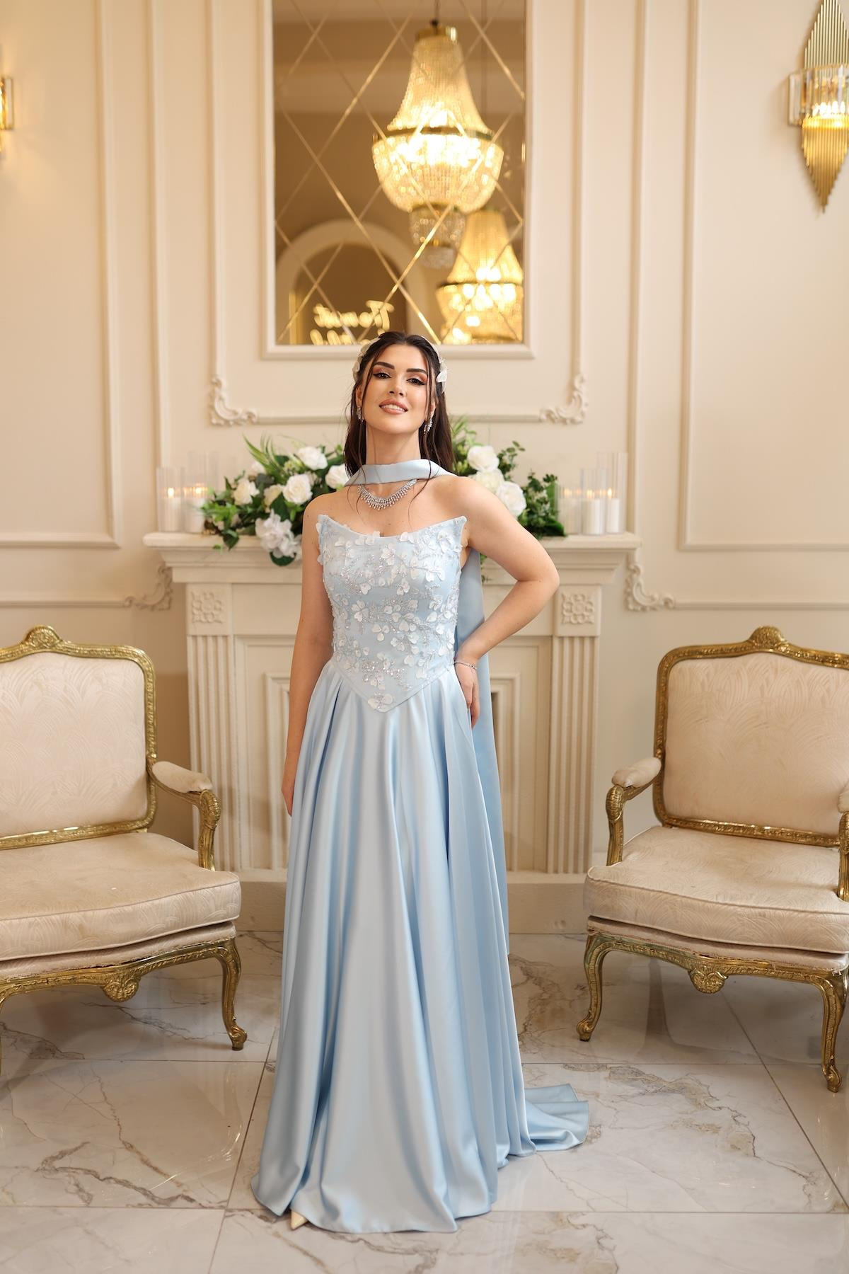 TheElsa | HERA MAVİSADE ELBİSELERHera Mavi Korseli Uzun Saten Nişan Davet Elbisesi