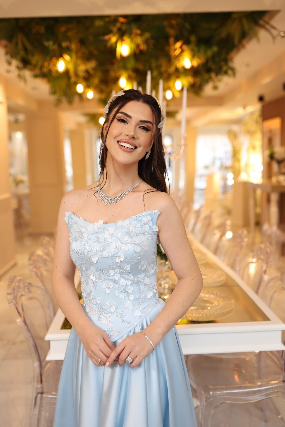 TheElsa | HERA MAVİSADE ELBİSELERHera Mavi Korseli Uzun Saten Nişan Davet Elbisesi