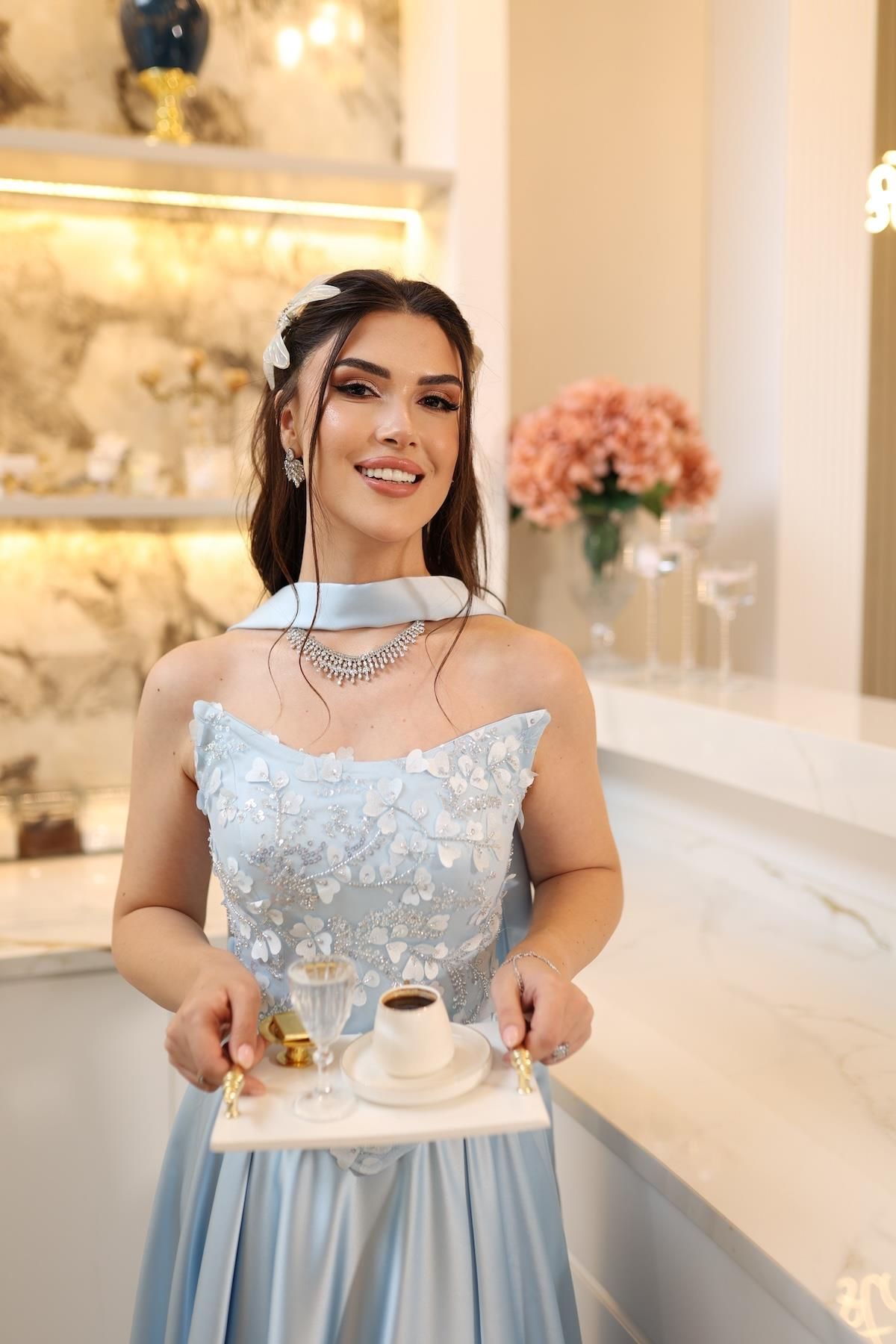 TheElsa | HERA MAVİSADE ELBİSELERHera Mavi Korseli Uzun Saten Nişan Davet Elbisesi