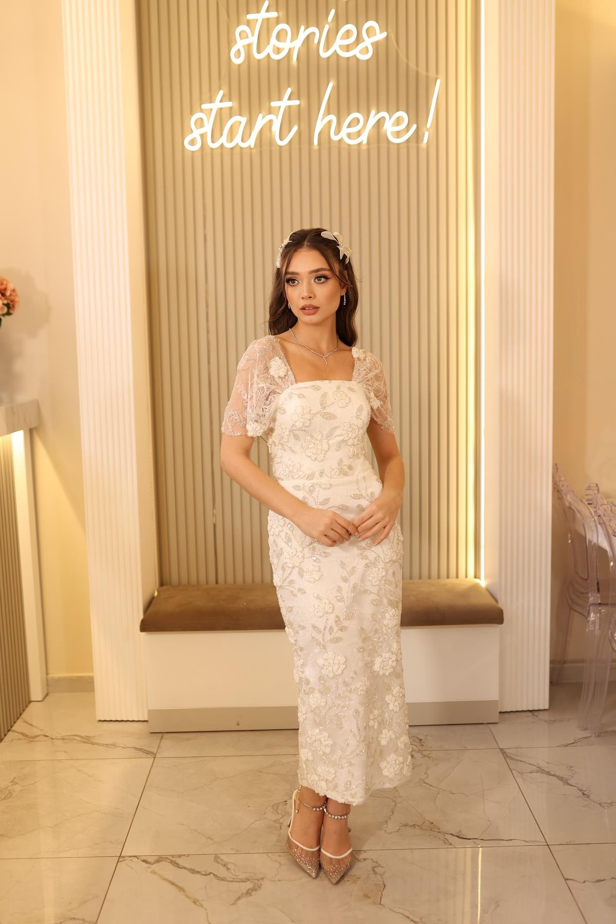 TheElsa | KALİNA BEYAZ KALEMBEYAZ DANTEL ELBİSELERKalina Beyaz Kalem Çiçekli Özel Tasarım Dantel Nişan Nikah Elbise