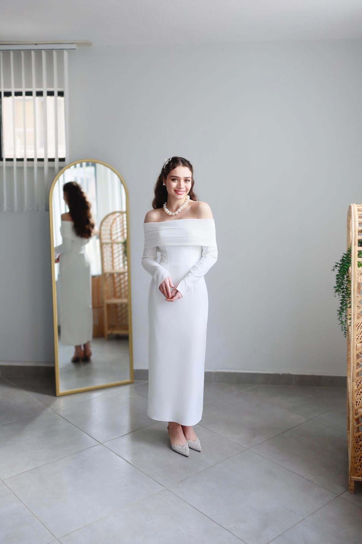 TheElsa | Kişiye Özel Üretim Abiye Elbise | Leyla Beyaz Özel Tasarım Kalem ElbiseÖZEL ÜRETİM ELBİSELeyla Beyaz Özel Tasarım Kalem Nikah Nişan Elbisesi