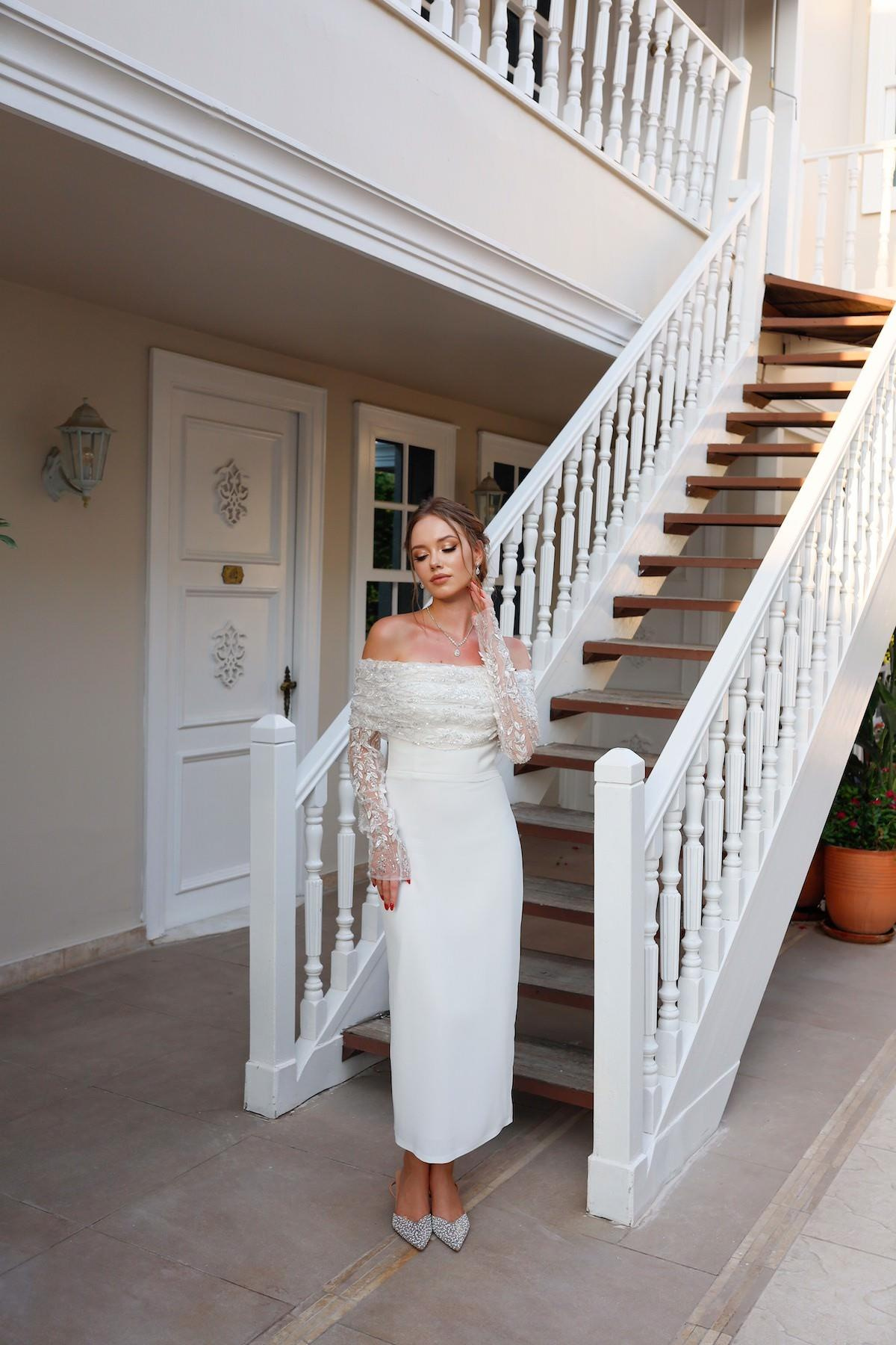 TheElsa | Personalized Evening Dress | Linda White Special Design Lace Detailed Pencil Wedding Engagement DressÖZEL ÜRETİM ELBİSELinda White Special Design Lace Detailed Pencil Wedding Engagement Dress
