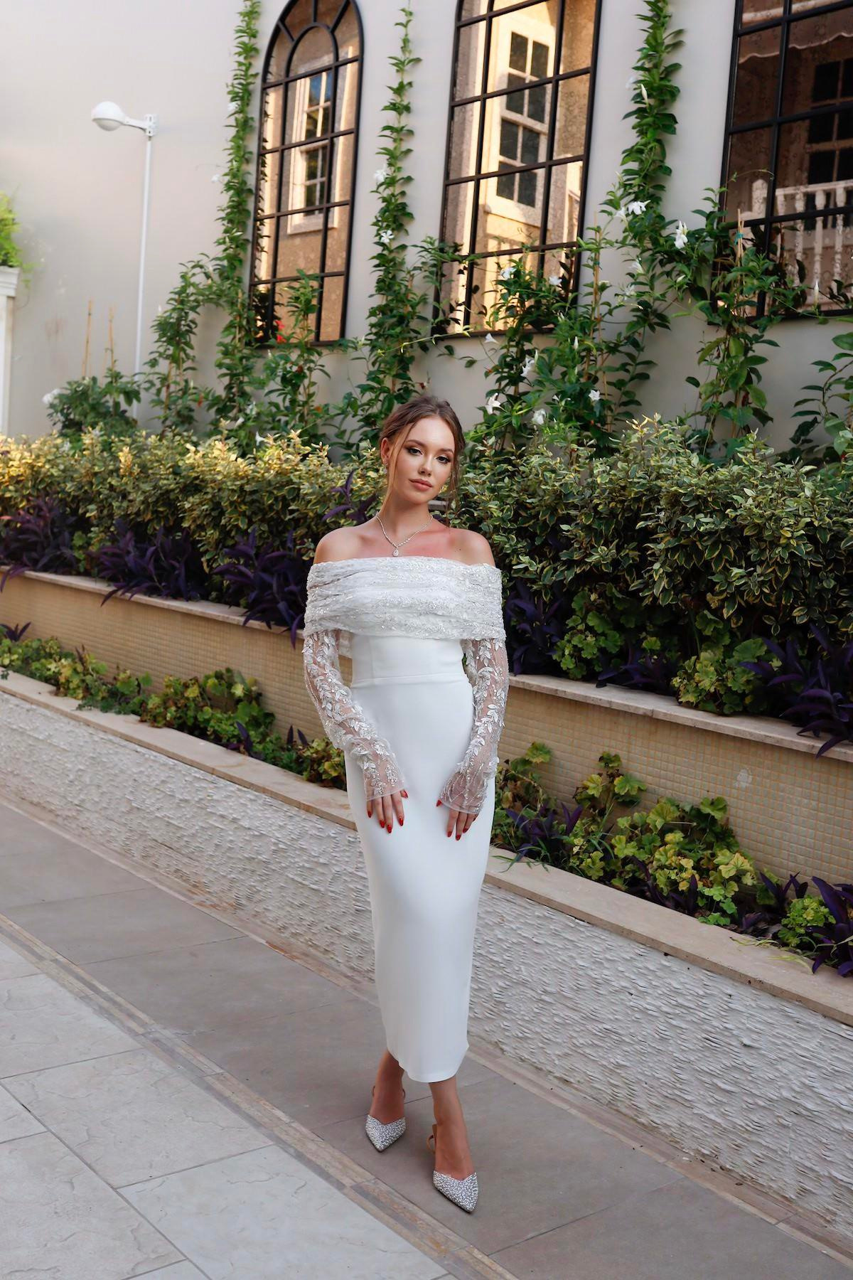 TheElsa | Personalized Evening Dress | Linda White Special Design Lace Detailed Pencil Wedding Engagement DressÖZEL ÜRETİM ELBİSELinda White Special Design Lace Detailed Pencil Wedding Engagement Dress