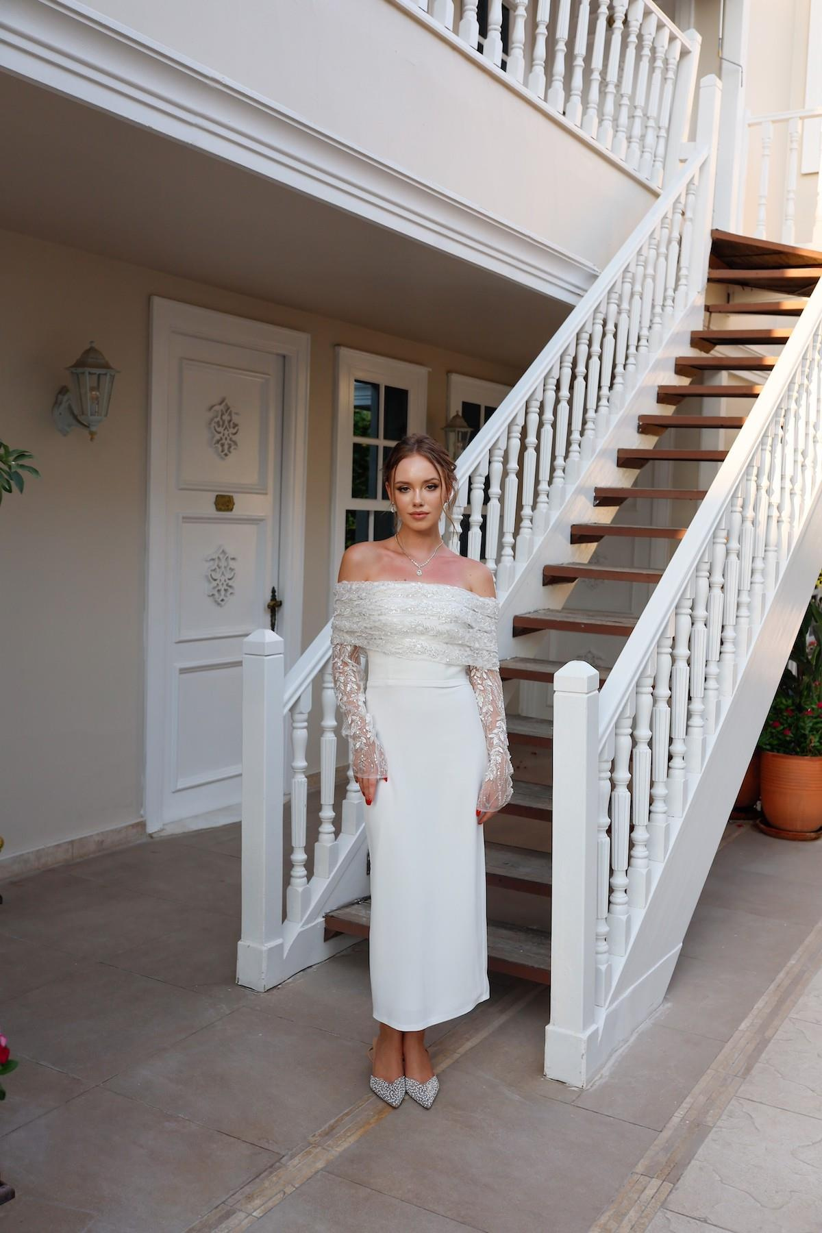 TheElsa | Personalized Evening Dress | Linda White Special Design Lace Detailed Pencil Wedding Engagement DressÖZEL ÜRETİM ELBİSELinda White Special Design Lace Detailed Pencil Wedding Engagement Dress