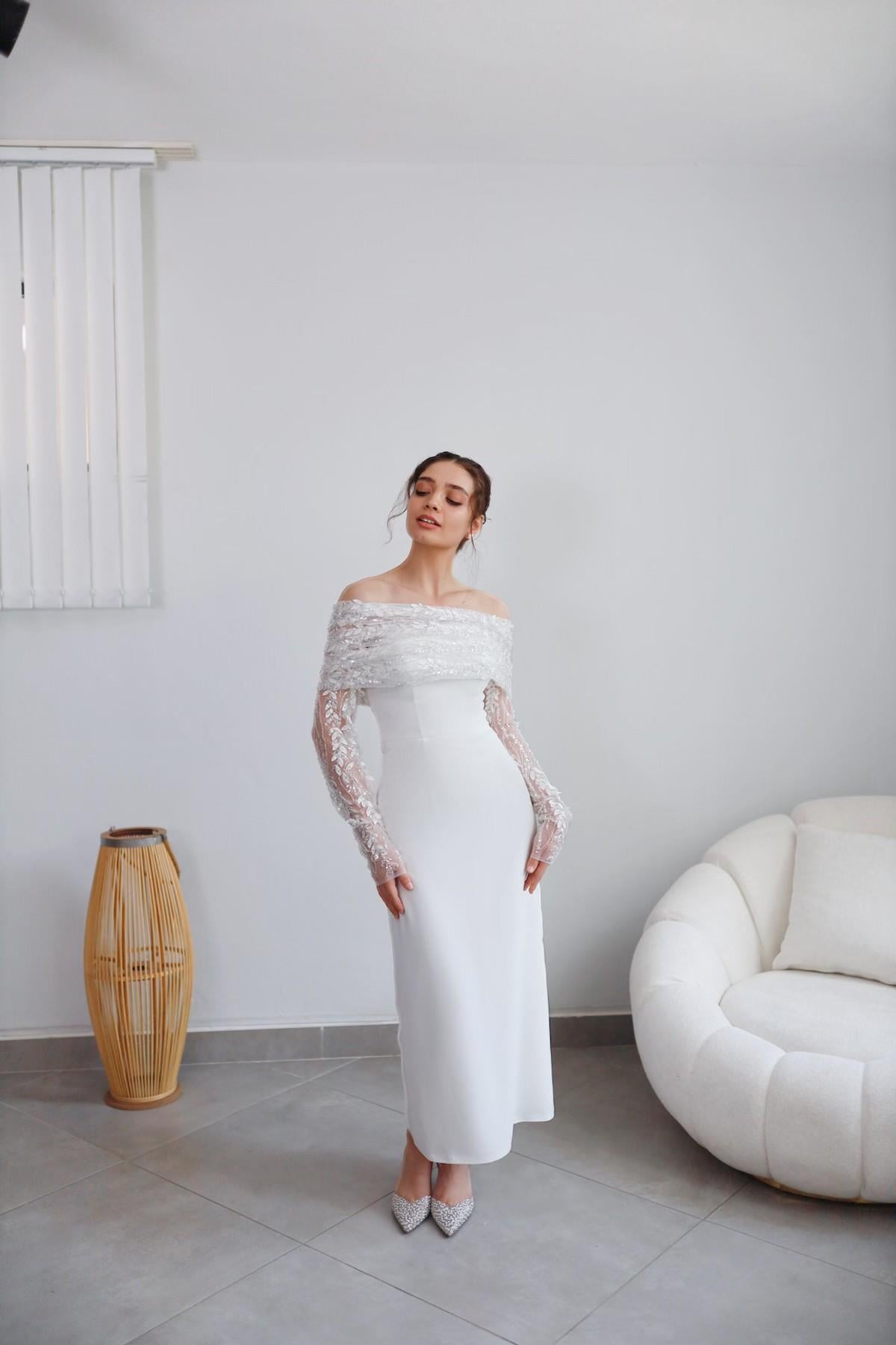 TheElsa | Personalized Evening Dress | Linda White Special Design Lace Detailed Pencil Wedding Engagement DressÖZEL ÜRETİM ELBİSELinda White Special Design Lace Detailed Pencil Wedding Engagement Dress