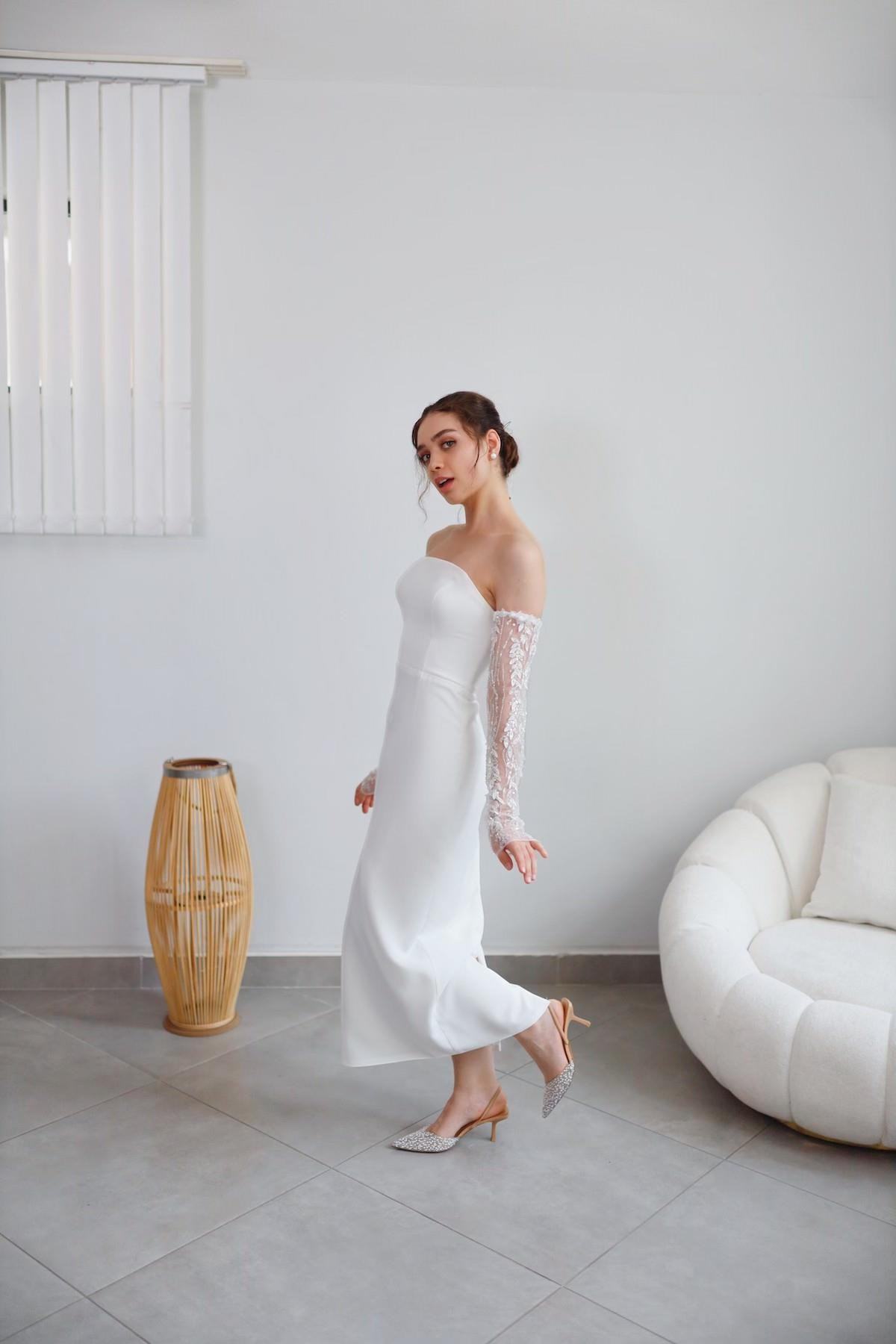 TheElsa | Personalized Evening Dress | Linda White Special Design Lace Detailed Pencil Wedding Engagement DressÖZEL ÜRETİM ELBİSELinda White Special Design Lace Detailed Pencil Wedding Engagement Dress