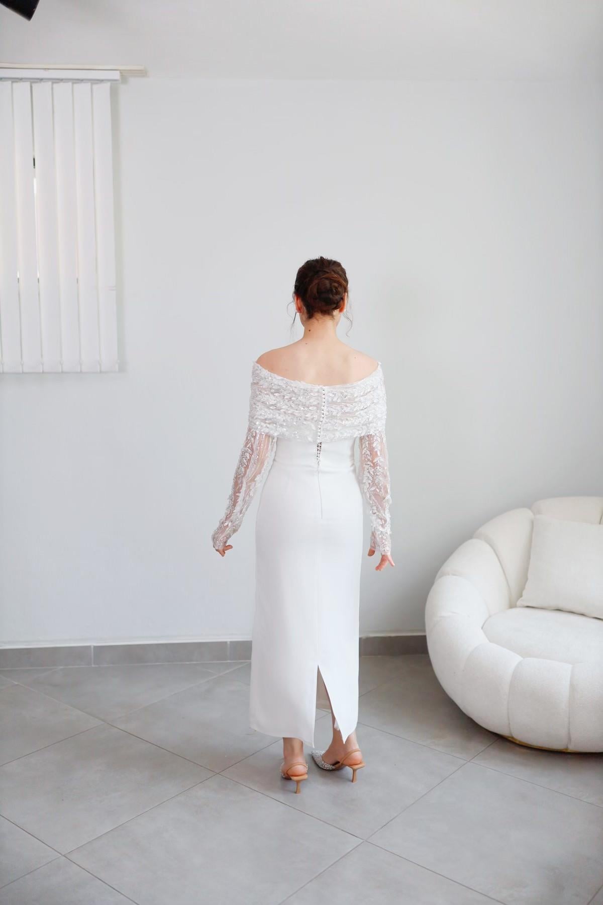 TheElsa | Personalized Evening Dress | Linda White Special Design Lace Detailed Pencil Wedding Engagement DressÖZEL ÜRETİM ELBİSELinda White Special Design Lace Detailed Pencil Wedding Engagement Dress