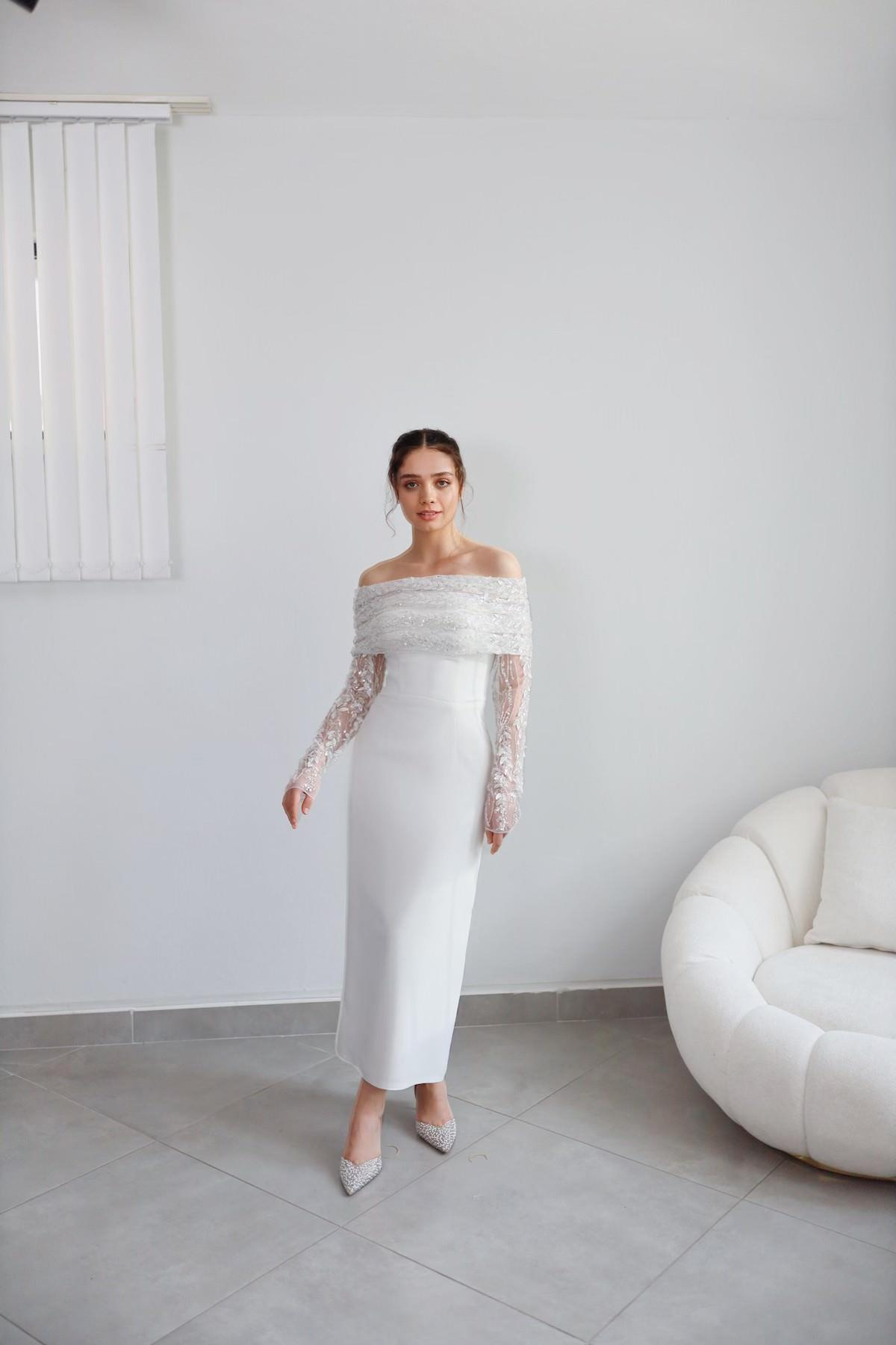 TheElsa | Personalized Evening Dress | Linda White Special Design Lace Detailed Pencil Wedding Engagement DressÖZEL ÜRETİM ELBİSELinda White Special Design Lace Detailed Pencil Wedding Engagement Dress