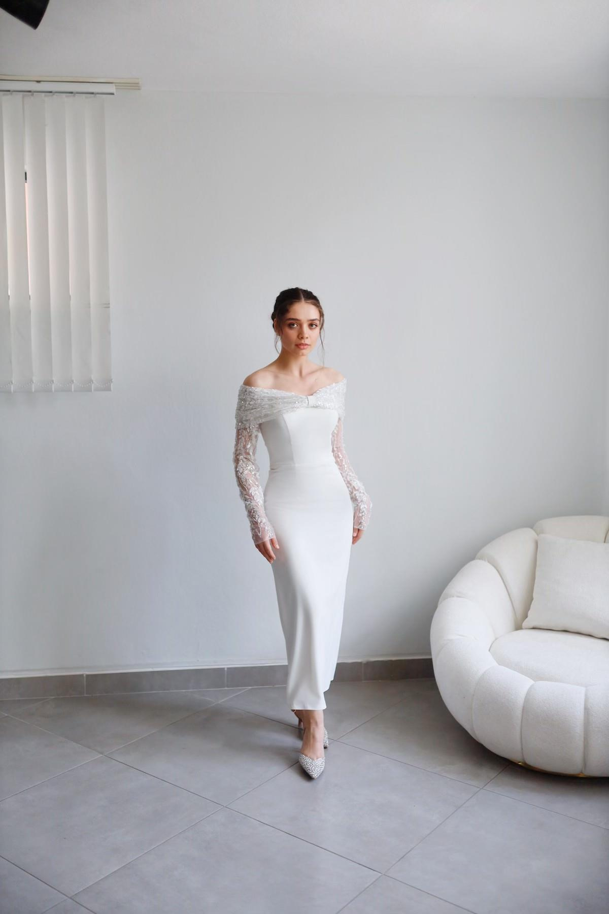 TheElsa | Personalized Evening Dress | Linda White Special Design Lace Detailed Pencil Wedding Engagement DressÖZEL ÜRETİM ELBİSELinda White Special Design Lace Detailed Pencil Wedding Engagement Dress