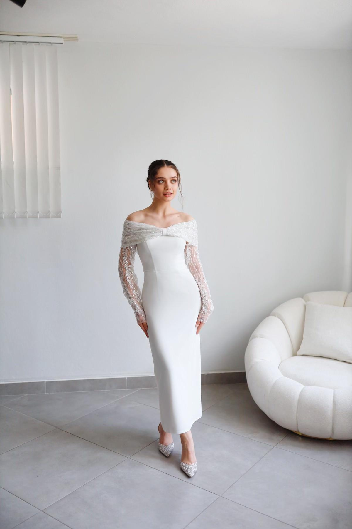 TheElsa | Personalized Evening Dress | Linda White Special Design Lace Detailed Pencil Wedding Engagement DressÖZEL ÜRETİM ELBİSELinda White Special Design Lace Detailed Pencil Wedding Engagement Dress