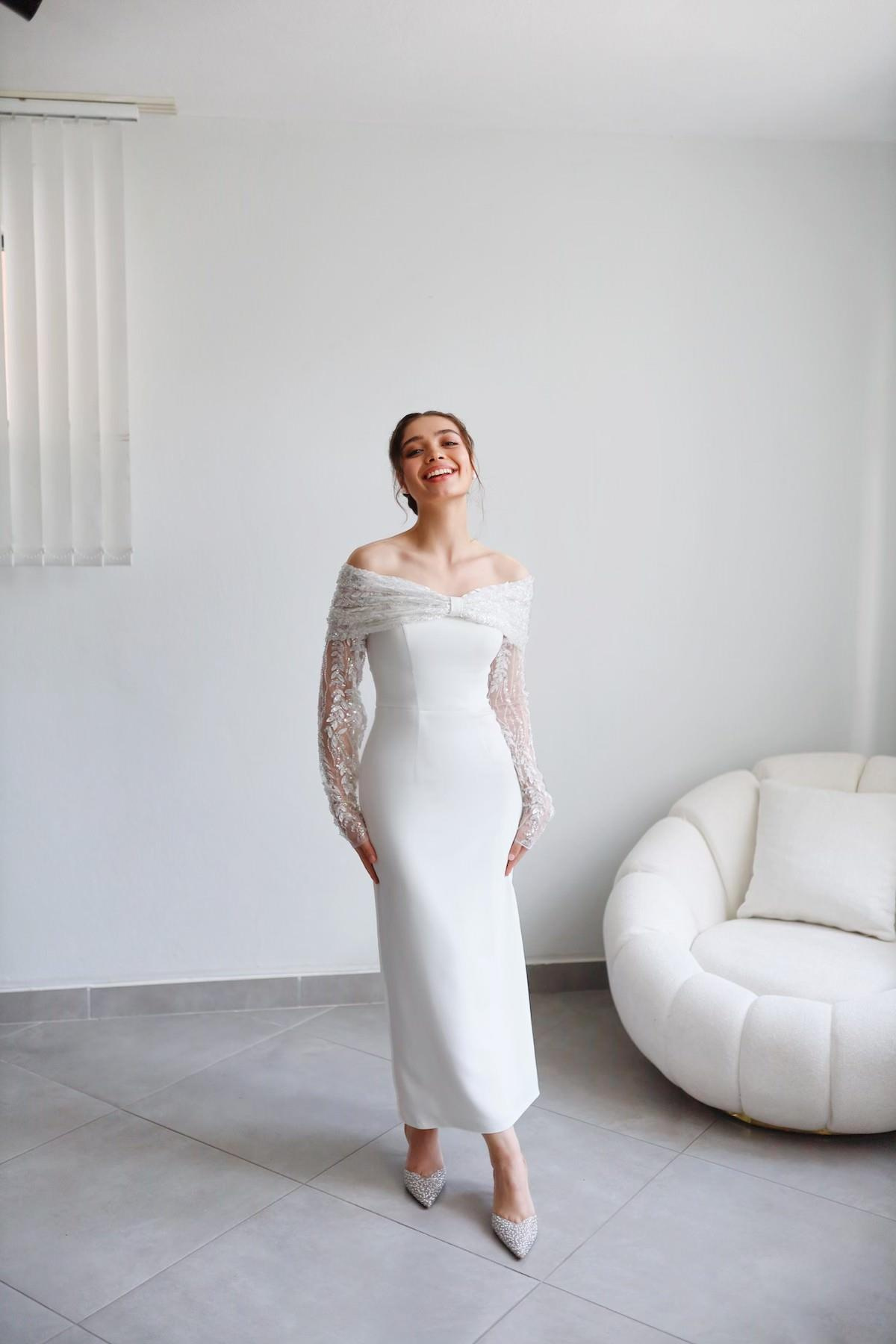 TheElsa | Personalized Evening Dress | Linda White Special Design Lace Detailed Pencil Wedding Engagement DressÖZEL ÜRETİM ELBİSELinda White Special Design Lace Detailed Pencil Wedding Engagement Dress