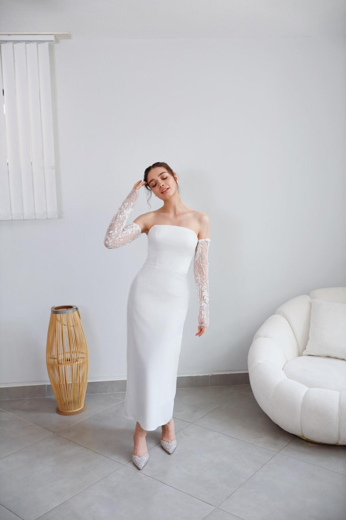 TheElsa | Personalized Evening Dress | Linda White Special Design Lace Detailed Pencil Wedding Engagement DressÖZEL ÜRETİM ELBİSELinda White Special Design Lace Detailed Pencil Wedding Engagement Dress