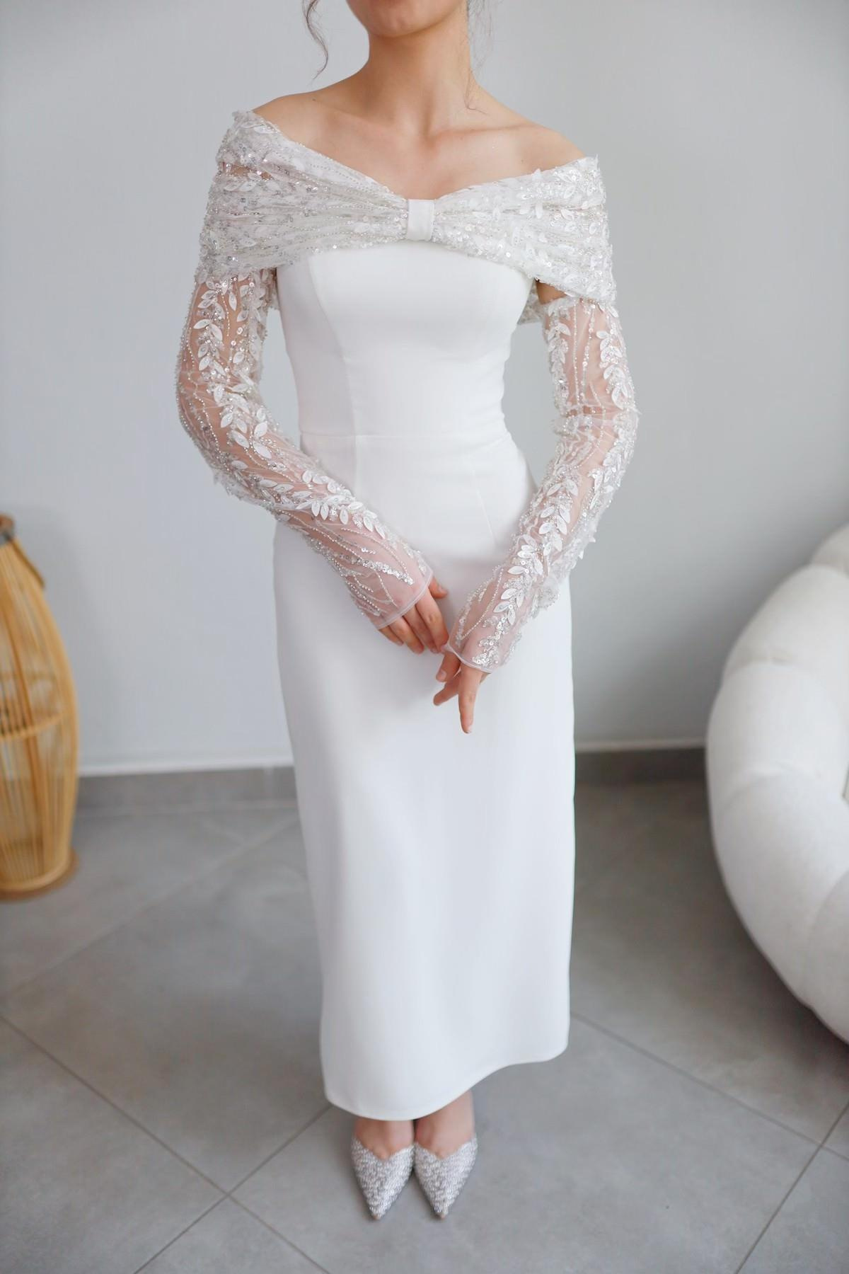 TheElsa | Personalized Evening Dress | Linda White Special Design Lace Detailed Pencil Wedding Engagement DressÖZEL ÜRETİM ELBİSELinda White Special Design Lace Detailed Pencil Wedding Engagement Dress