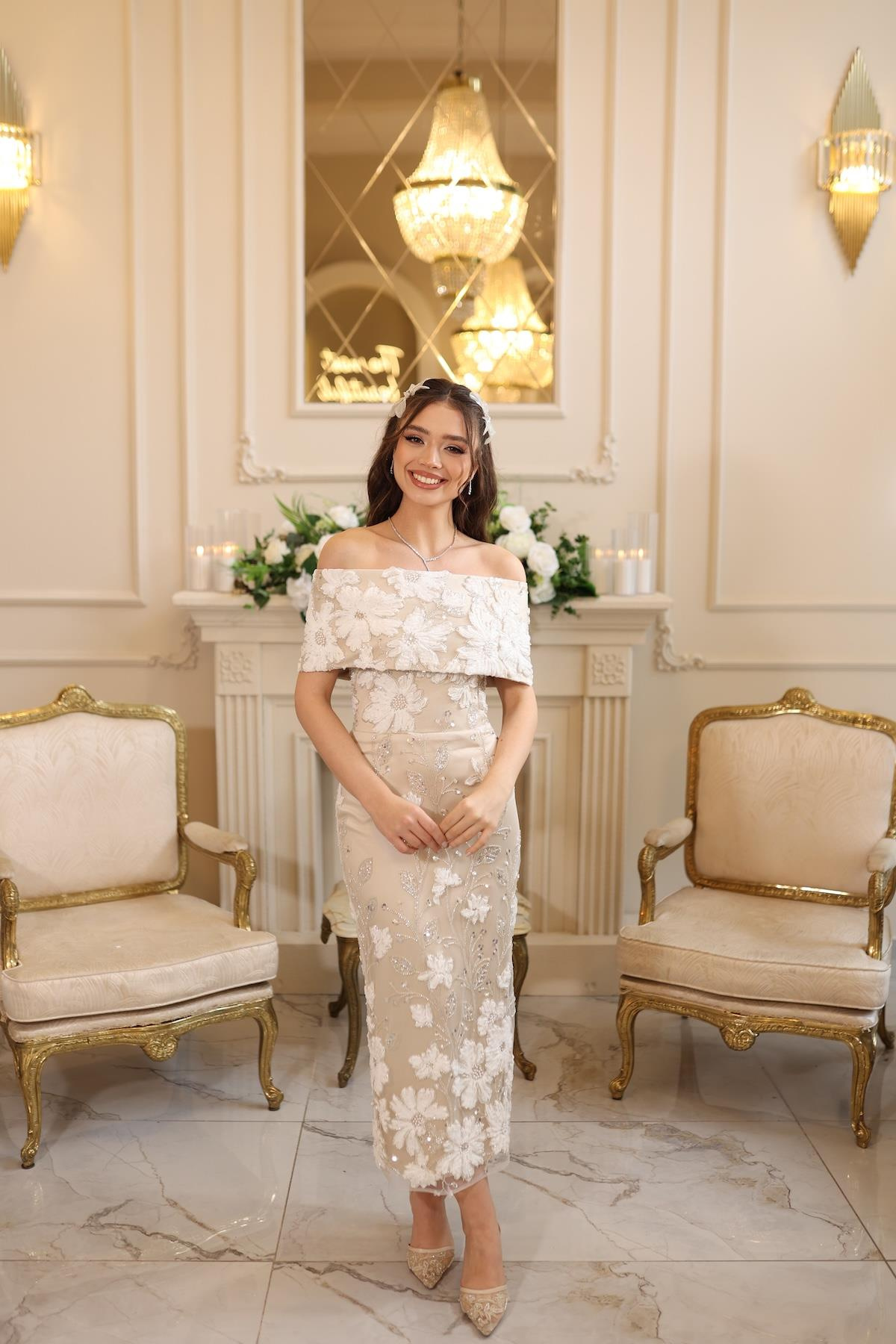 TheElsa | MARGARET BEYAZBEYAZ DANTEL ELBİSELERMargaret Saten Bolero Beyaz Çiçekli Nişan Nikah Davet Elbise