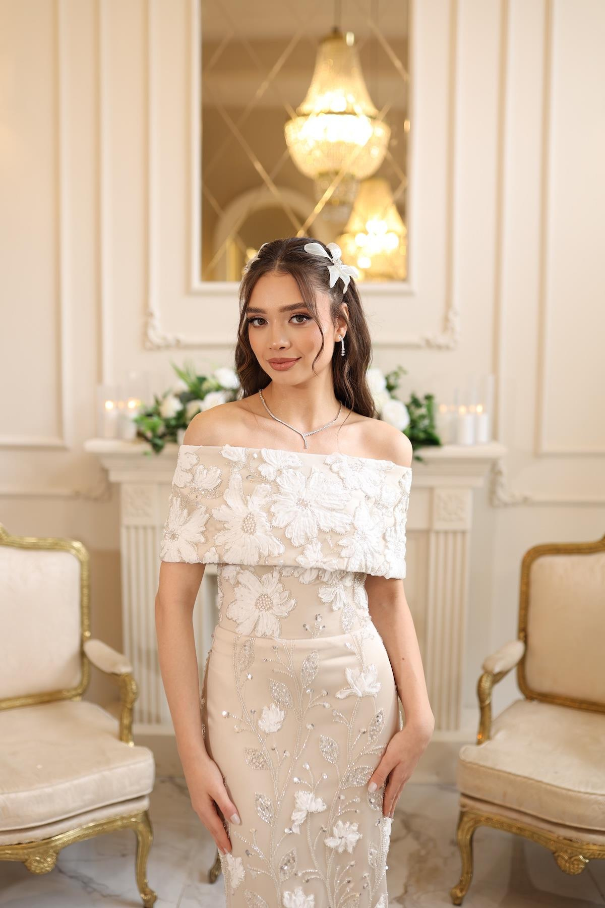 TheElsa | MARGARET BEYAZBEYAZ DANTEL ELBİSELERMargaret Saten Bolero Beyaz Çiçekli Nişan Nikah Davet Elbise