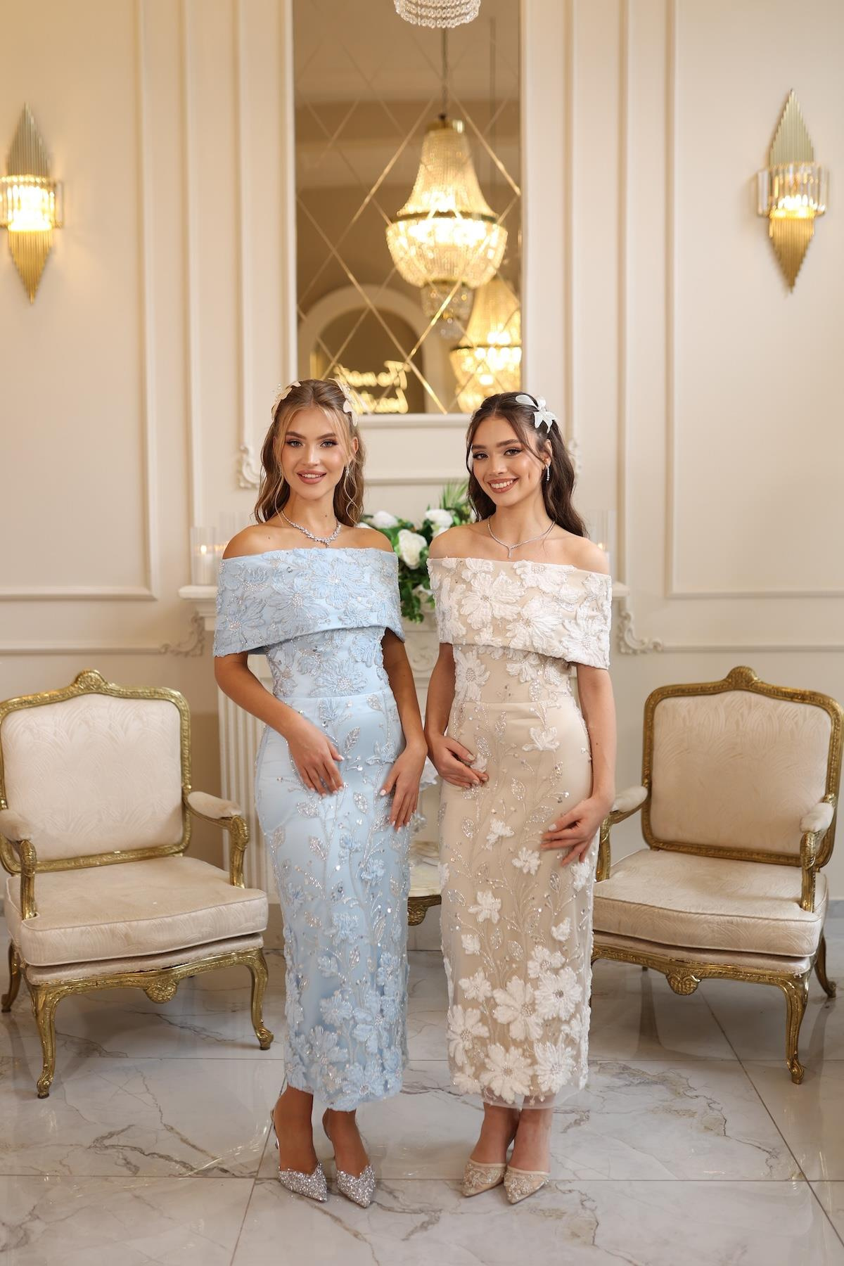 TheElsa | MARGARET BEYAZBEYAZ DANTEL ELBİSELERMargaret Saten Bolero Beyaz Çiçekli Nişan Nikah Davet Elbise