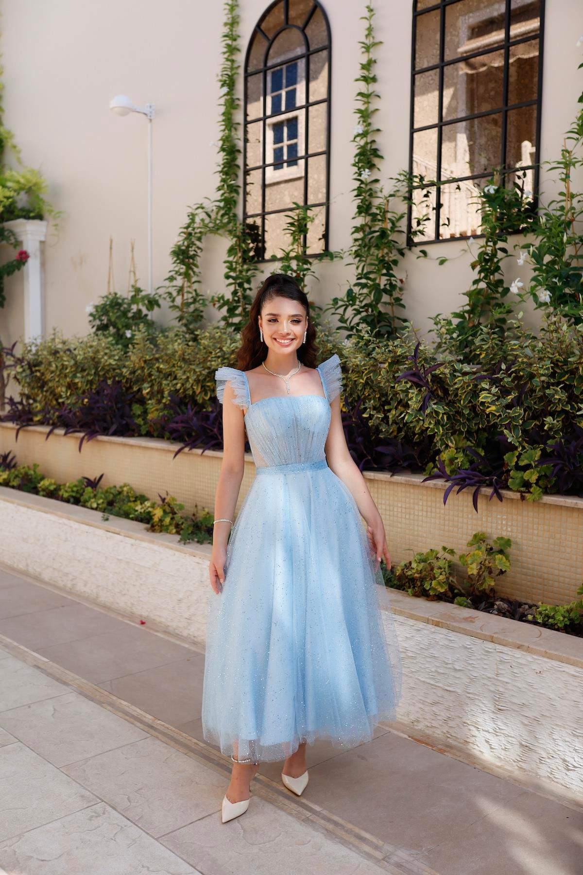 TheElsa | Kişiye Özel Üretim Abiye Elbise | Melissa Bebek Mavi Özel Tasarım Simli Tül Abiye ElbiseÖZEL ÜRETİM ELBİSEMelissa Baby Blue Special Design Silvery Tulle Evening Dress