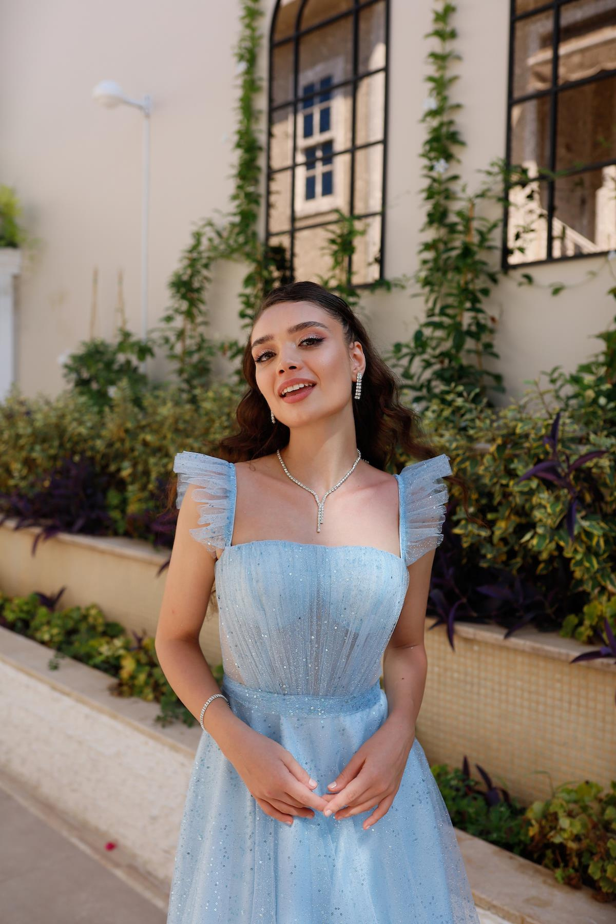 TheElsa | Kişiye Özel Üretim Abiye Elbise | Melissa Bebek Mavi Özel Tasarım Simli Tül Abiye ElbiseÖZEL ÜRETİM ELBİSEMelissa Baby Blue Special Design Silvery Tulle Evening Dress