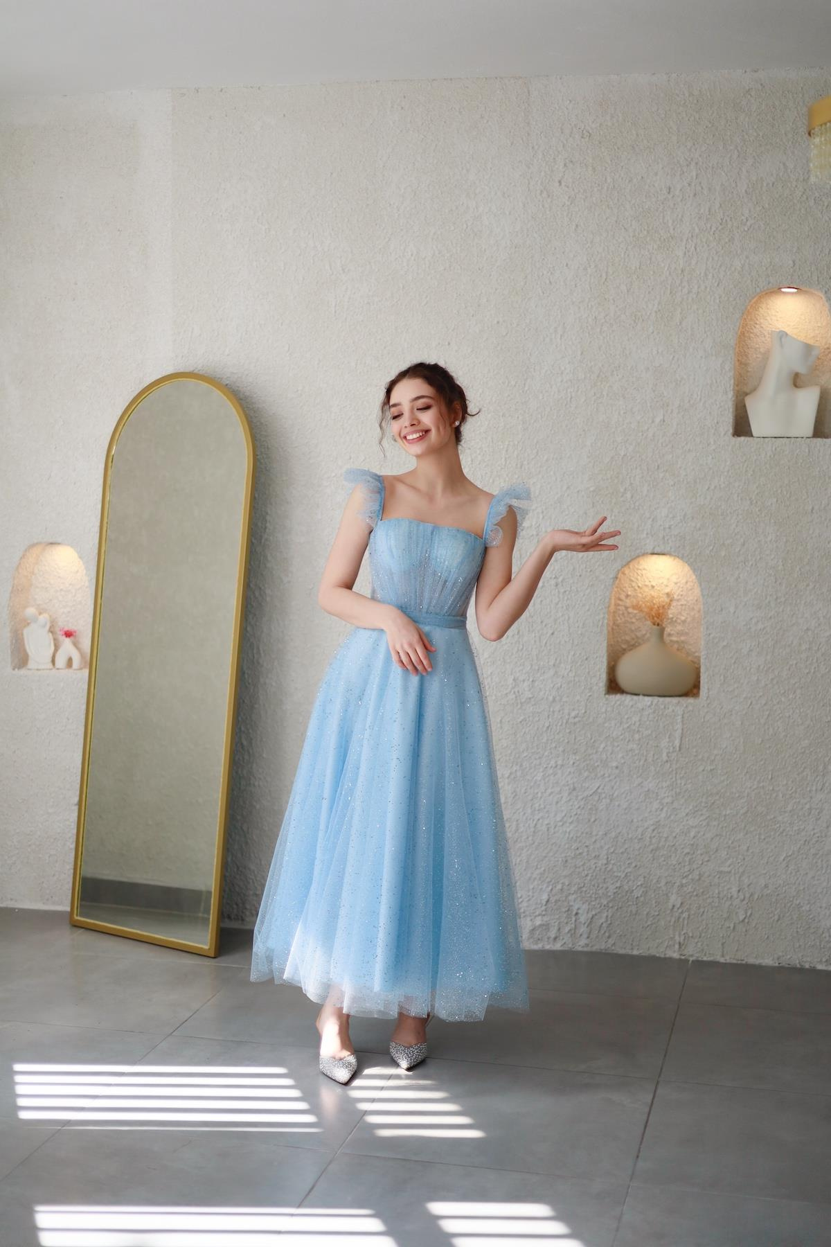 TheElsa | Kişiye Özel Üretim Abiye Elbise | Melissa Bebek Mavi Özel Tasarım Simli Tül Abiye ElbiseÖZEL ÜRETİM ELBİSEMelissa Baby Blue Special Design Silvery Tulle Evening Dress