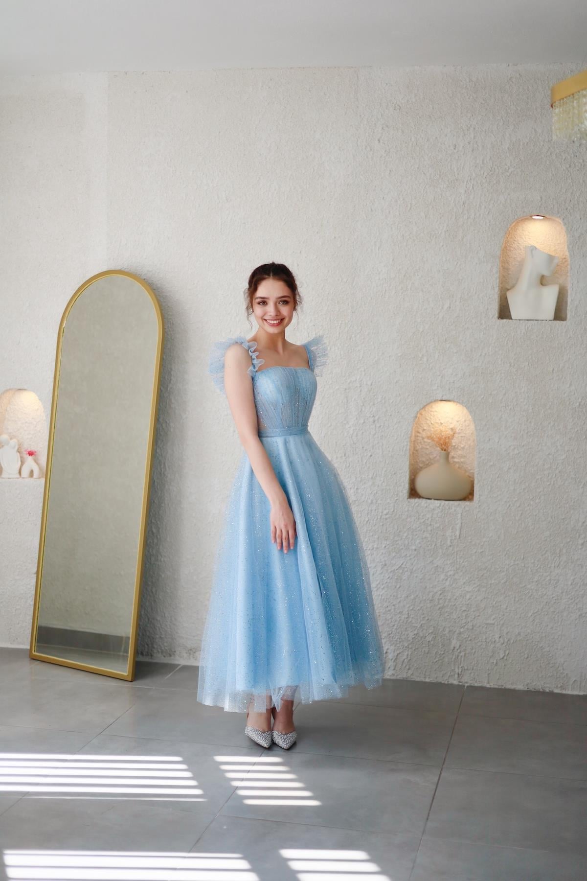 TheElsa | Kişiye Özel Üretim Abiye Elbise | Melissa Bebek Mavi Özel Tasarım Simli Tül Abiye ElbiseÖZEL ÜRETİM ELBİSEMelissa Baby Blue Special Design Silvery Tulle Evening Dress