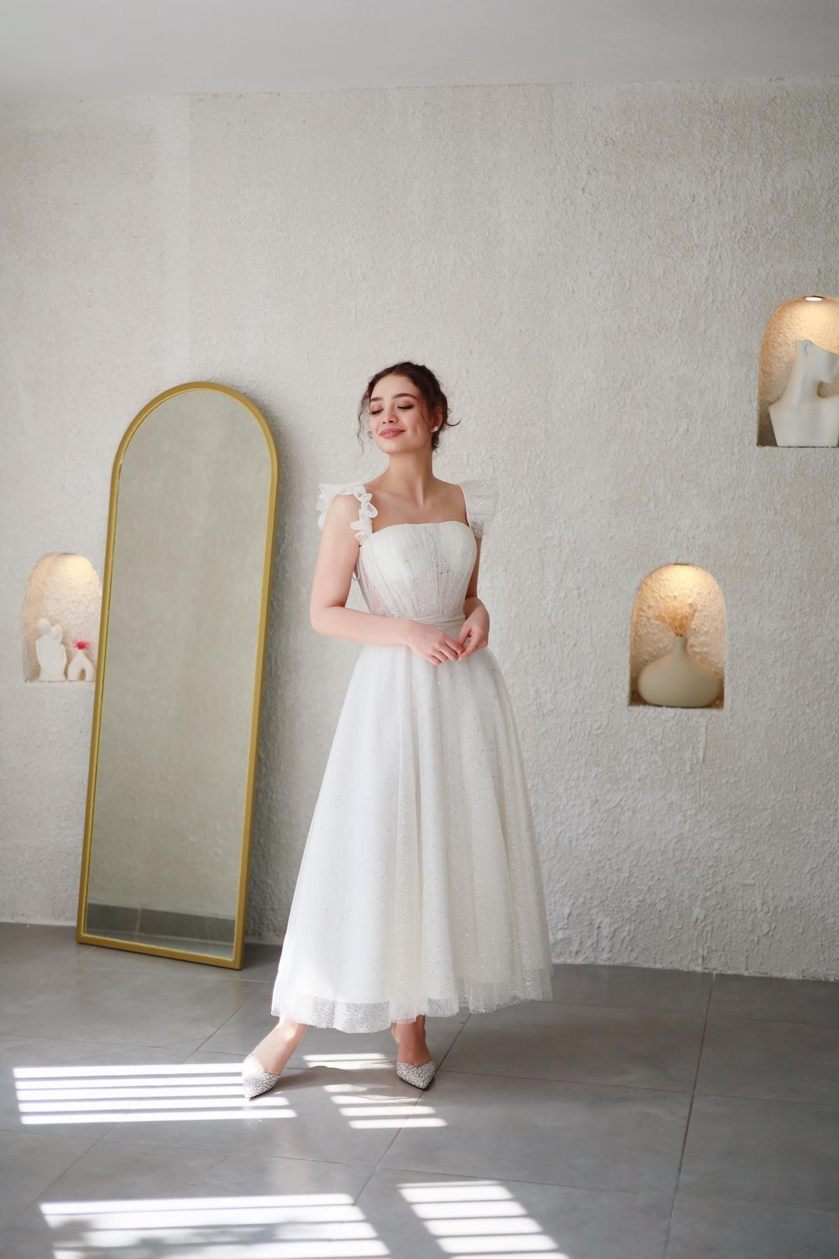 TheElsa | Kişiye Özel Üretim Abiye Elbise | Melissa Beyaz Özel Tasarım Simli Tül Abiye ElbiseÖZEL ÜRETİM ELBİSEMelissa White Special Design Silvery Tulle Evening Dress