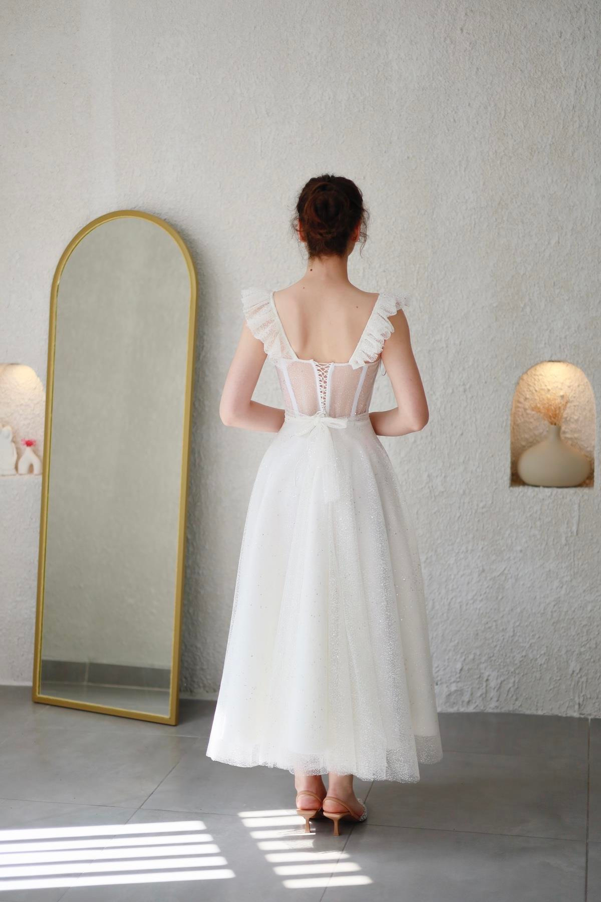 TheElsa | Kişiye Özel Üretim Abiye Elbise | Melissa Beyaz Özel Tasarım Simli Tül Abiye ElbiseÖZEL ÜRETİM ELBİSEMelissa White Special Design Silvery Tulle Evening Dress
