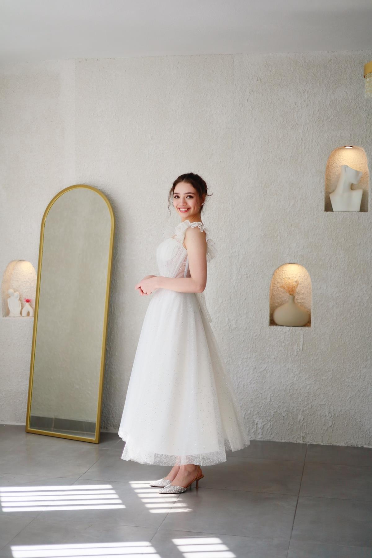 TheElsa | Kişiye Özel Üretim Abiye Elbise | Melissa Beyaz Özel Tasarım Simli Tül Abiye ElbiseÖZEL ÜRETİM ELBİSEMelissa White Special Design Silvery Tulle Evening Dress