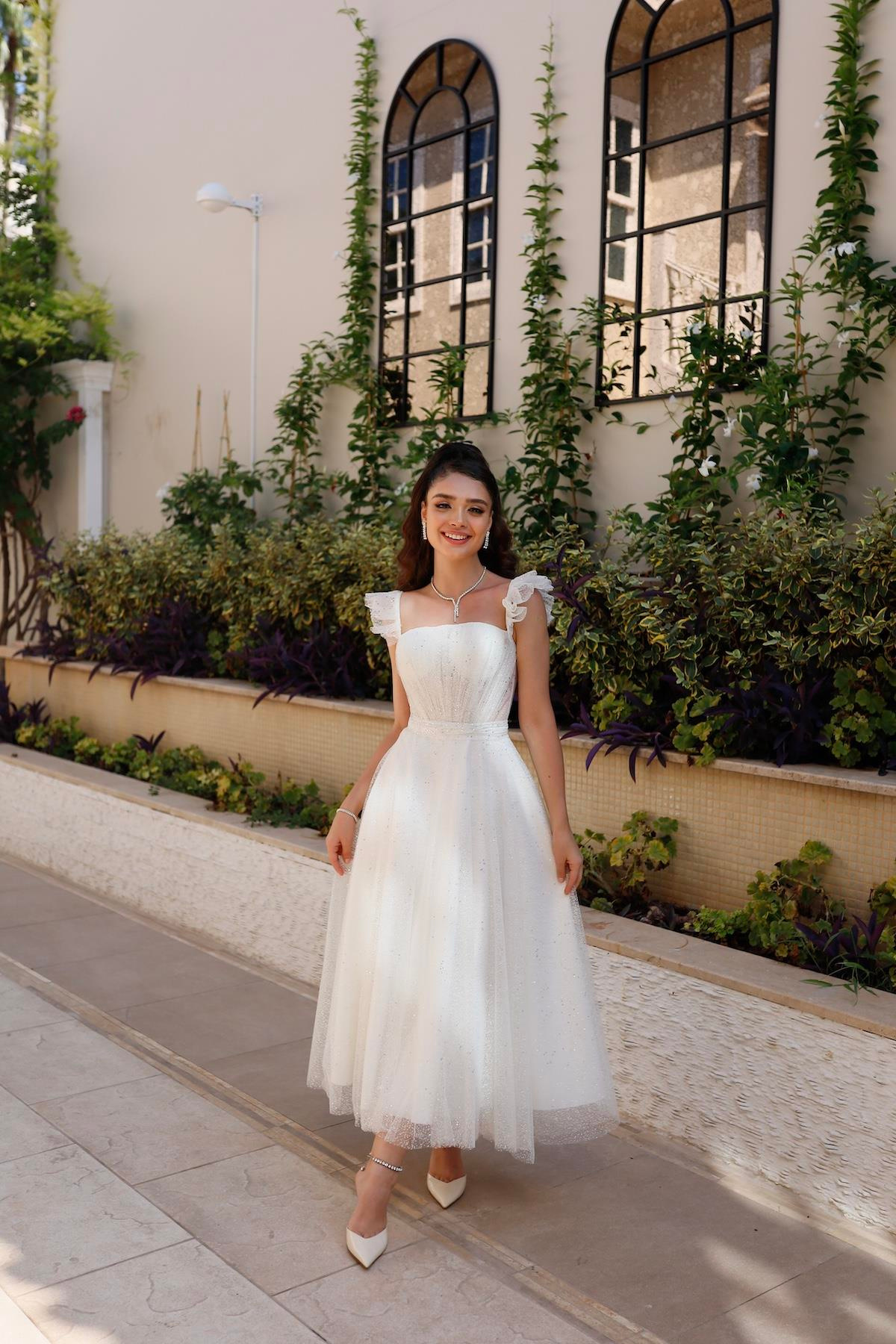 TheElsa | Kişiye Özel Üretim Abiye Elbise | Melissa Beyaz Özel Tasarım Simli Tül Abiye ElbiseÖZEL ÜRETİM ELBİSEMelissa White Special Design Silvery Tulle Evening Dress
