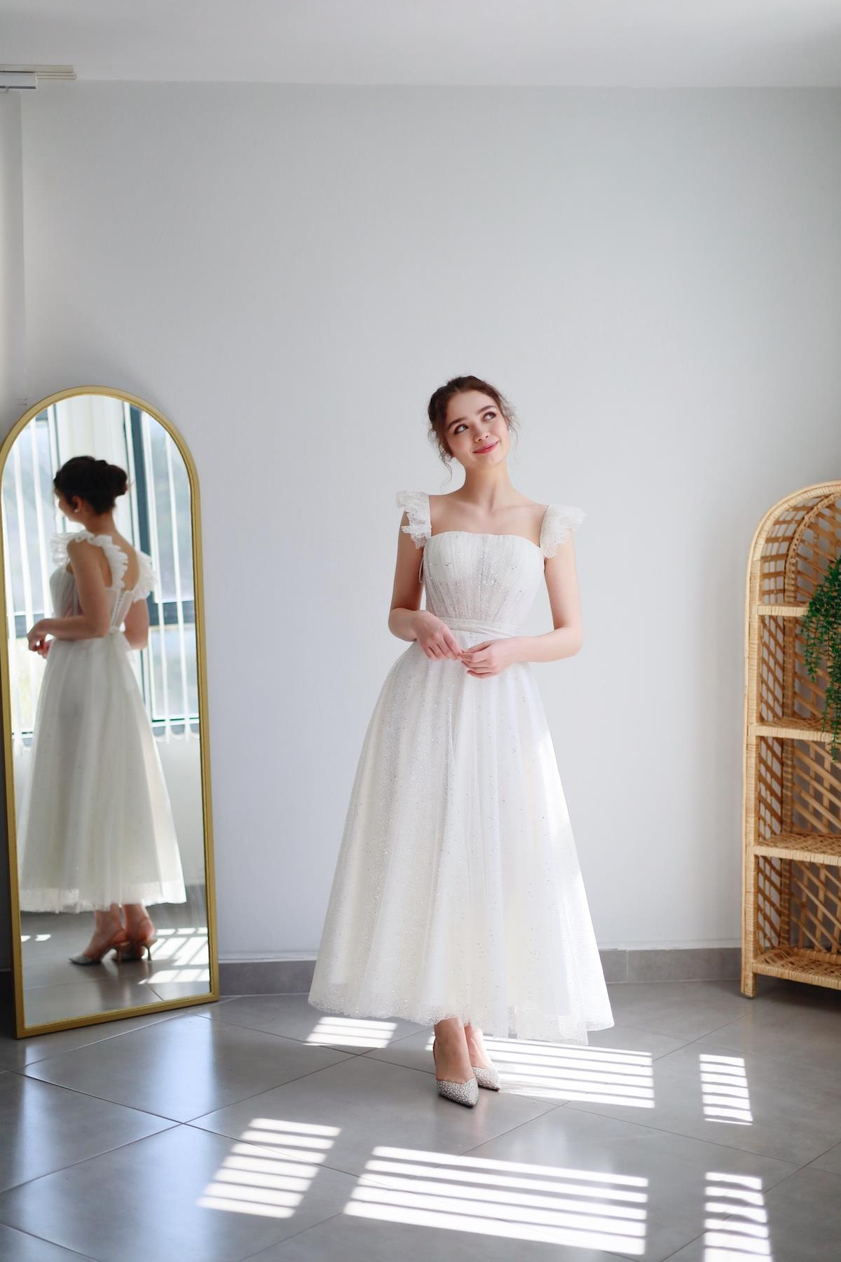 TheElsa | Kişiye Özel Üretim Abiye Elbise | Melissa Beyaz Özel Tasarım Simli Tül Abiye ElbiseÖZEL ÜRETİM ELBİSEMelissa White Special Design Silvery Tulle Evening Dress