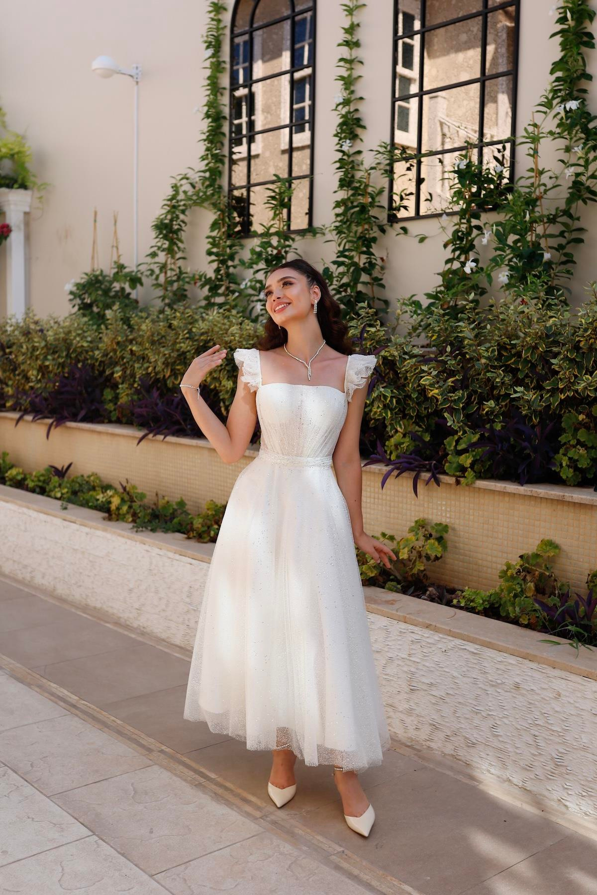 TheElsa | Kişiye Özel Üretim Abiye Elbise | Melissa Beyaz Özel Tasarım Simli Tül Abiye ElbiseÖZEL ÜRETİM ELBİSEMelissa White Special Design Silvery Tulle Evening Dress