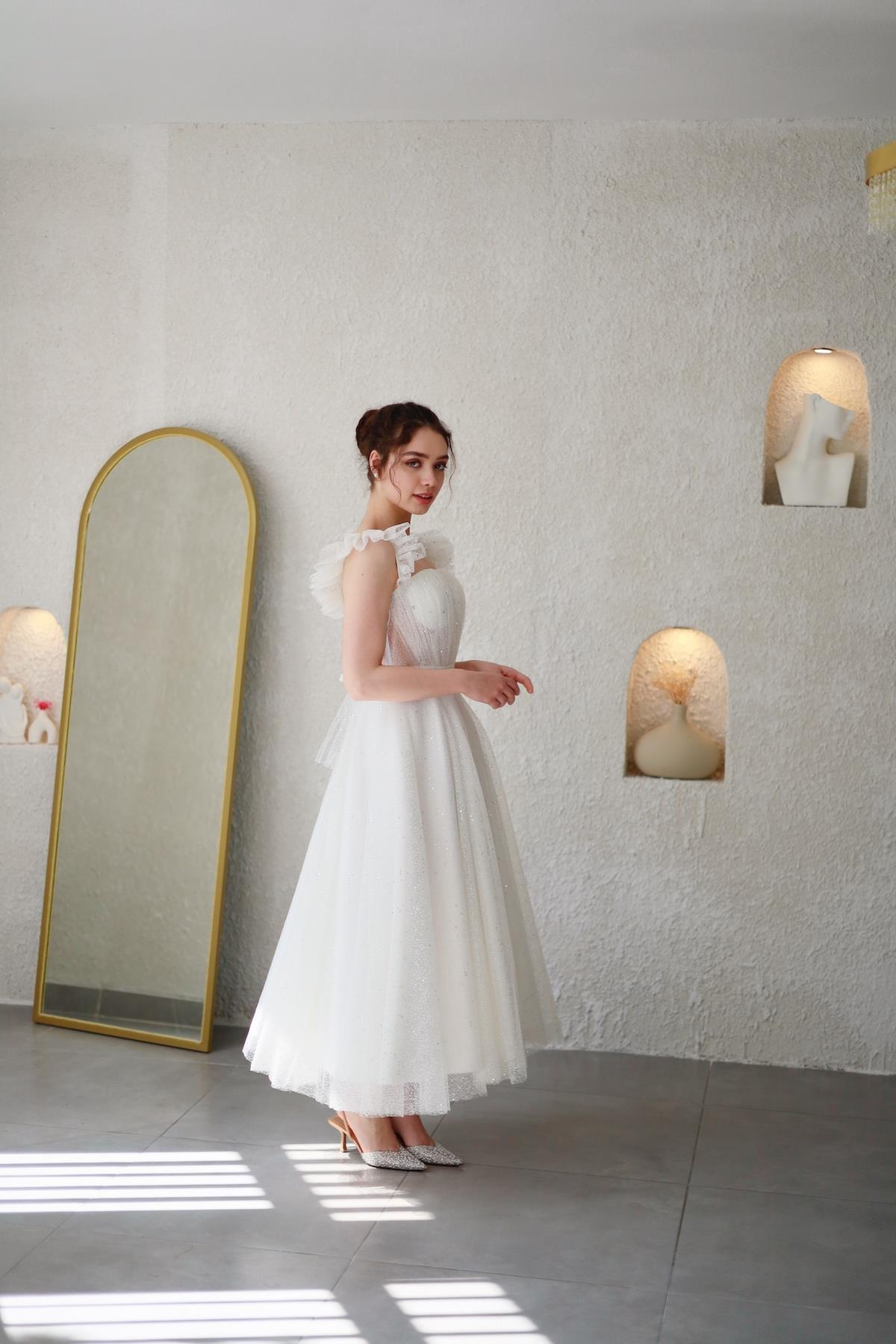 TheElsa | Kişiye Özel Üretim Abiye Elbise | Melissa Beyaz Özel Tasarım Simli Tül Abiye ElbiseÖZEL ÜRETİM ELBİSEMelissa White Special Design Silvery Tulle Evening Dress