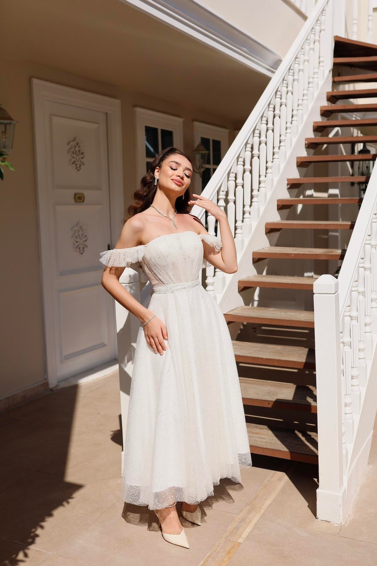 TheElsa | Kişiye Özel Üretim Abiye Elbise | Melissa Beyaz Özel Tasarım Simli Tül Abiye ElbiseÖZEL ÜRETİM ELBİSEMelissa White Special Design Silvery Tulle Evening Dress
