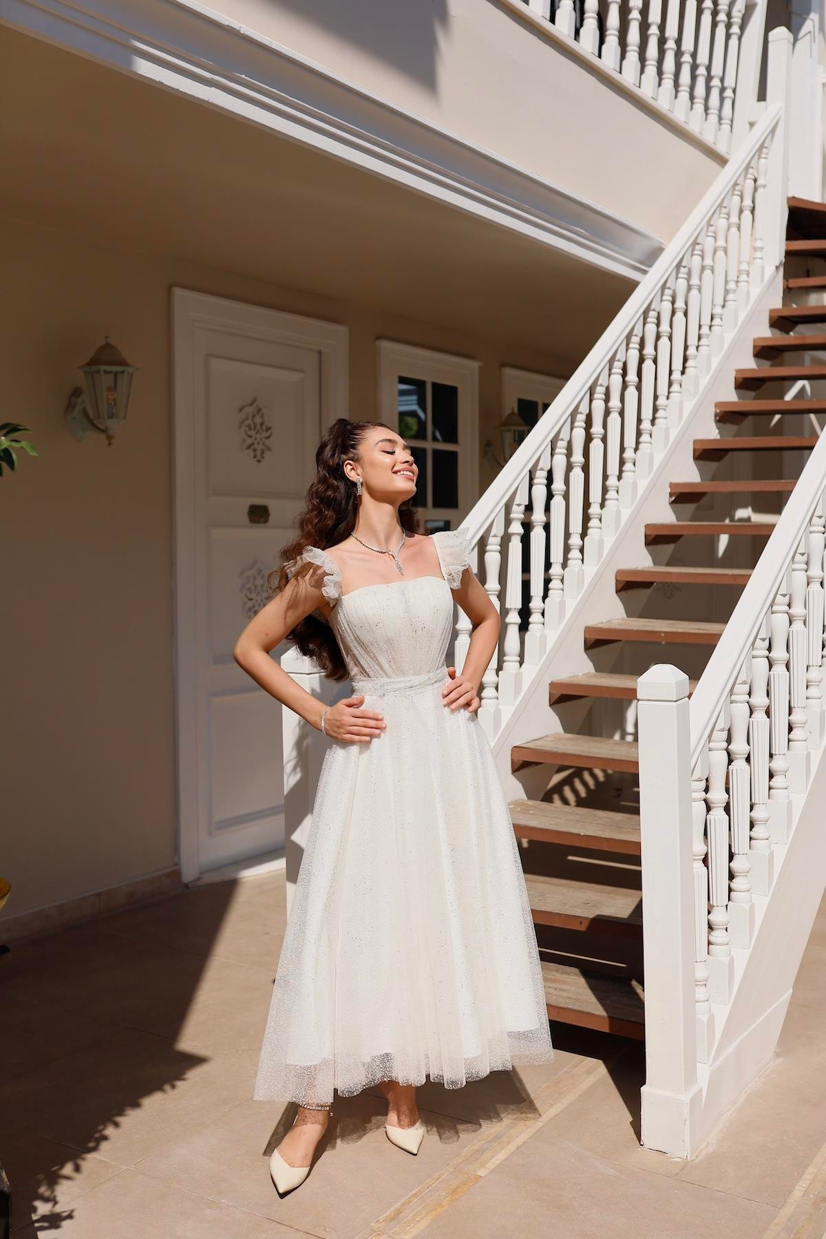 TheElsa | Kişiye Özel Üretim Abiye Elbise | Melissa Beyaz Özel Tasarım Simli Tül Abiye ElbiseÖZEL ÜRETİM ELBİSEMelissa White Special Design Silvery Tulle Evening Dress