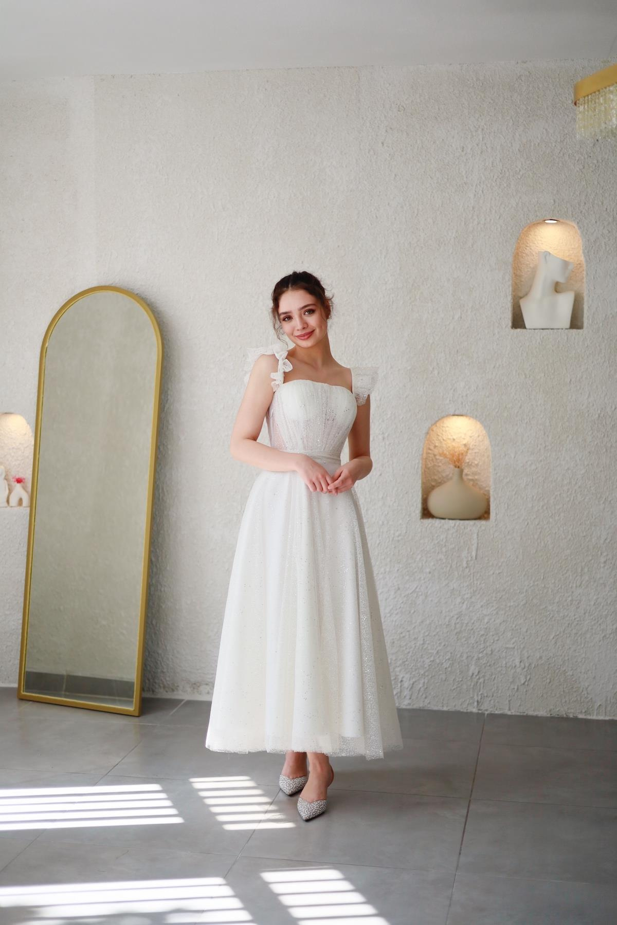 TheElsa | Kişiye Özel Üretim Abiye Elbise | Melissa Beyaz Özel Tasarım Simli Tül Abiye ElbiseÖZEL ÜRETİM ELBİSEMelissa White Special Design Silvery Tulle Evening Dress