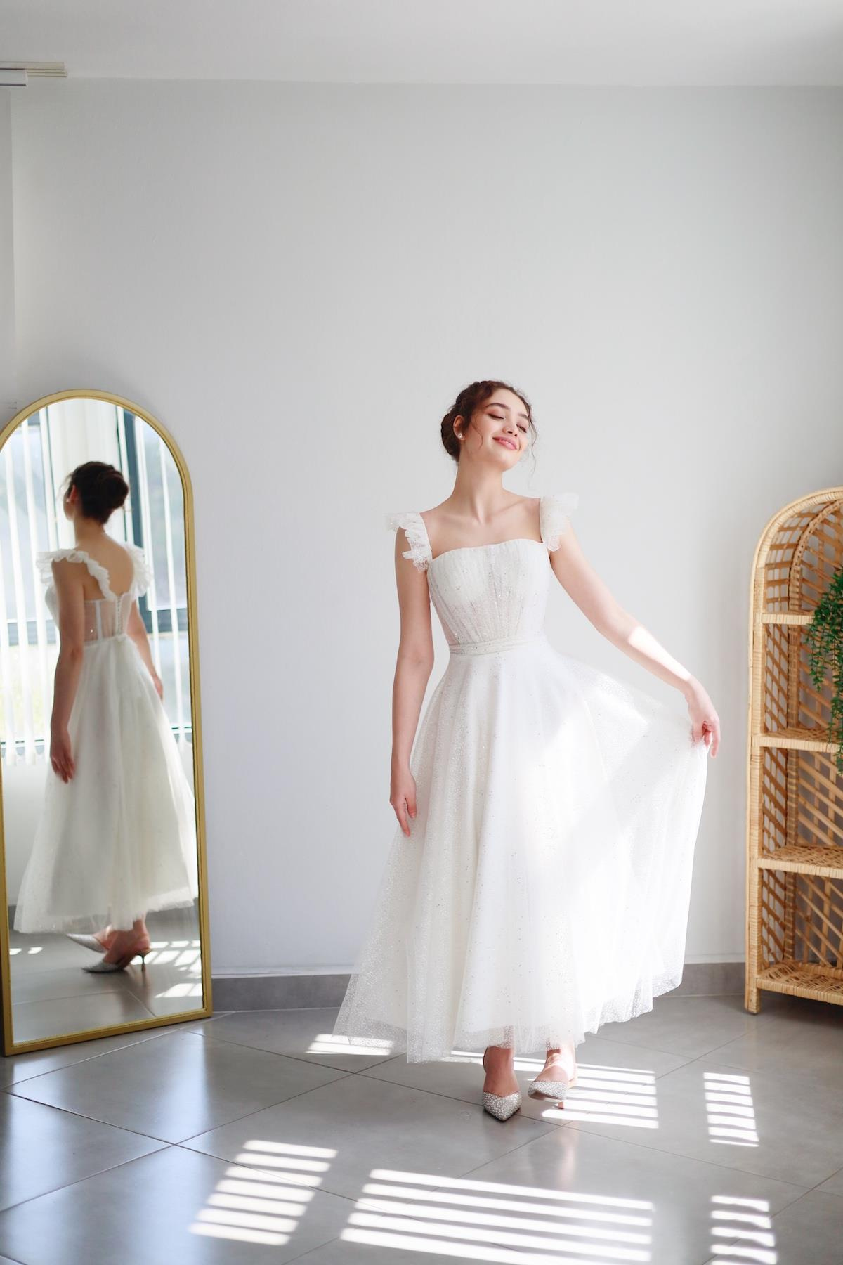 TheElsa | Kişiye Özel Üretim Abiye Elbise | Melissa Beyaz Özel Tasarım Simli Tül Abiye ElbiseÖZEL ÜRETİM ELBİSEMelissa White Special Design Silvery Tulle Evening Dress