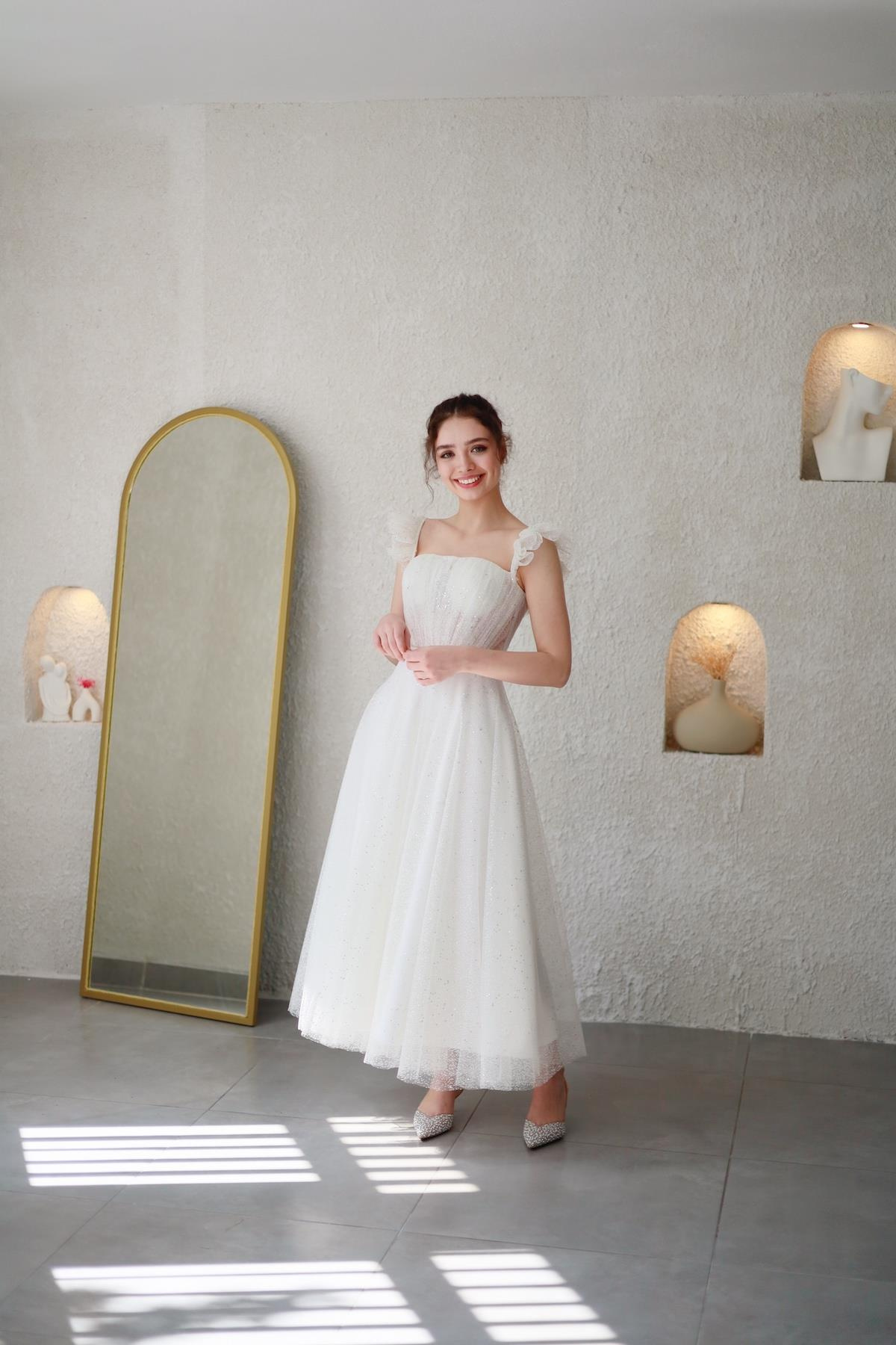 TheElsa | Kişiye Özel Üretim Abiye Elbise | Melissa Beyaz Özel Tasarım Simli Tül Abiye ElbiseÖZEL ÜRETİM ELBİSEMelissa White Special Design Silvery Tulle Evening Dress