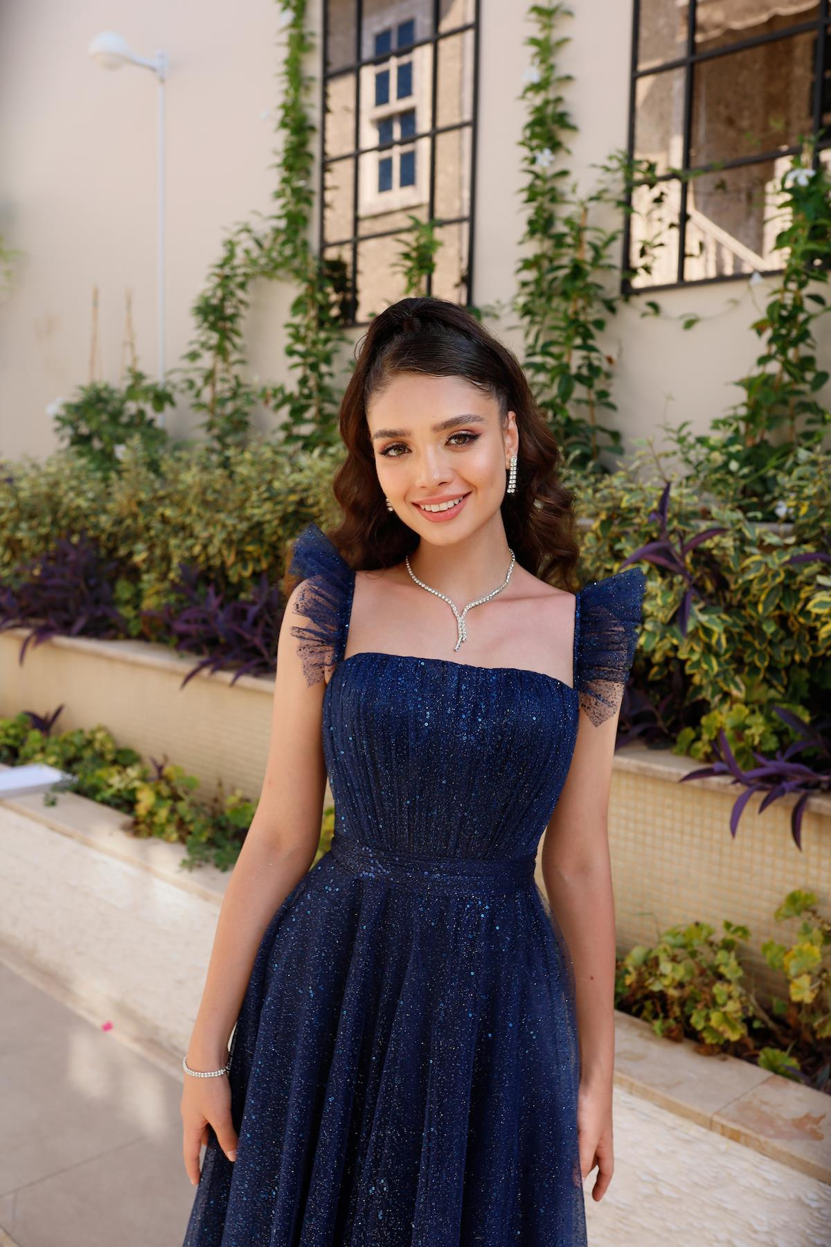 TheElsa | Kişiye Özel Üretim Abiye Elbise | Melissa Lacivert Özel Tasarım Simli Tül Abiye ElbiseÖZEL ÜRETİM ELBİSEMelissa Navy Blue Special Design Silvery Tulle Evening Dress