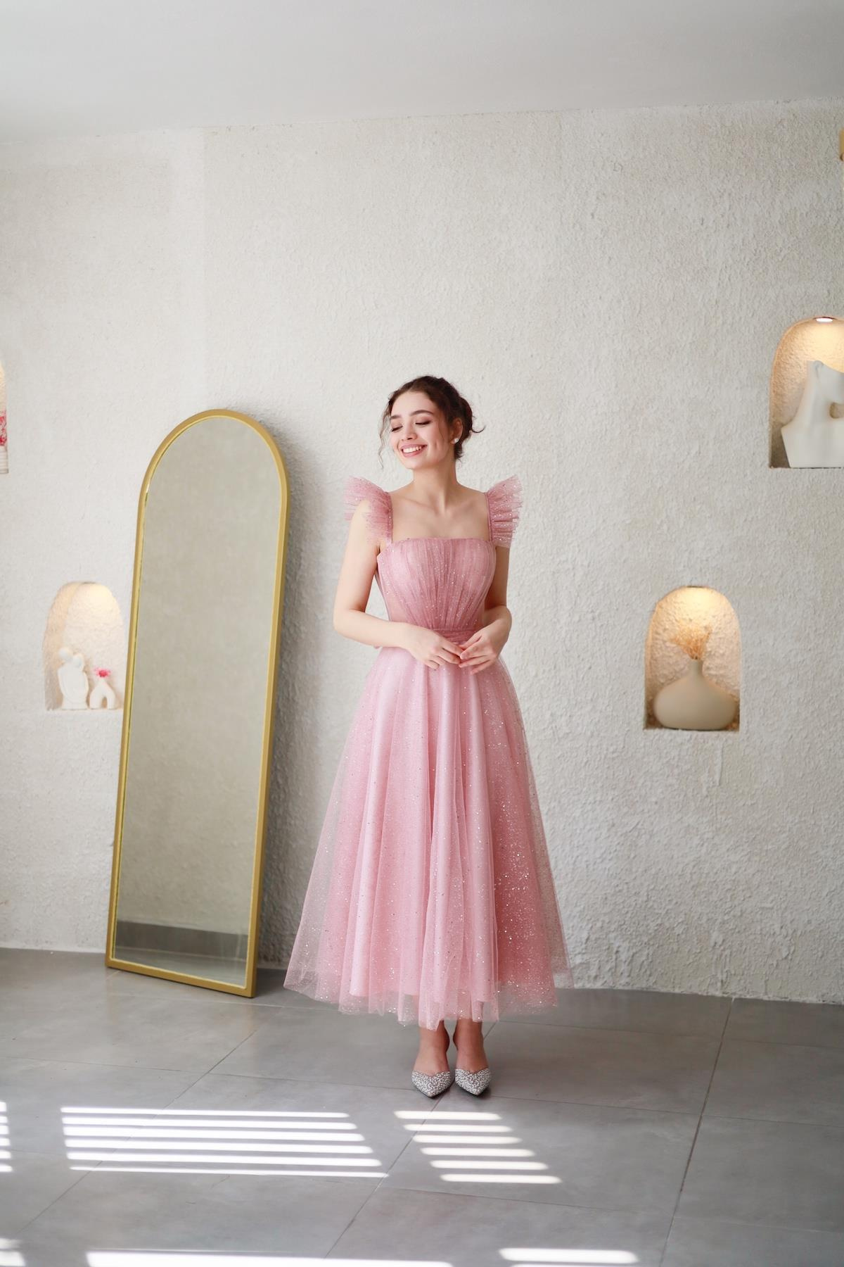 TheElsa | Kişiye Özel Üretim Abiye Elbise | Melissa Pudra Özel Tasarım Simli Tül Abiye ElbiseÖZEL ÜRETİM ELBİSEMelissa Powder Special Design Silvery Tulle Evening Dress