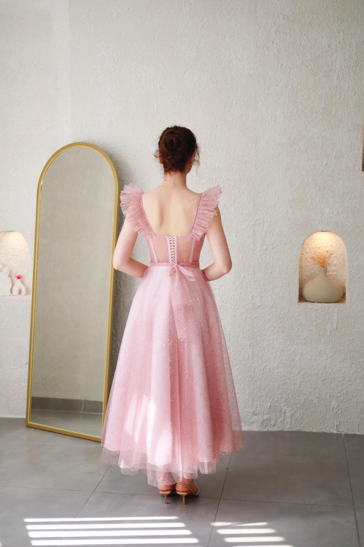 TheElsa | Kişiye Özel Üretim Abiye Elbise | Melissa Pudra Özel Tasarım Simli Tül Abiye ElbiseÖZEL ÜRETİM ELBİSEMelissa Powder Special Design Silvery Tulle Evening Dress