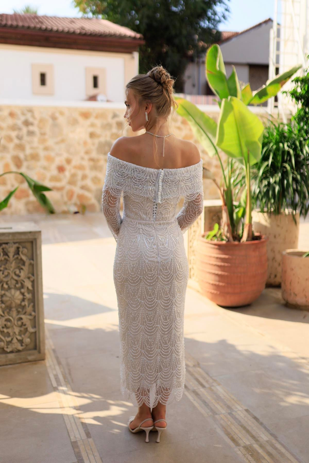 TheElsa | MONICA BOLERO KALEMÖZEL ÜRETİM TASARIM ELBİSELERMonica Bolero Kalem Özel Tasarım Dantel Nişan Nikah Elbisesi