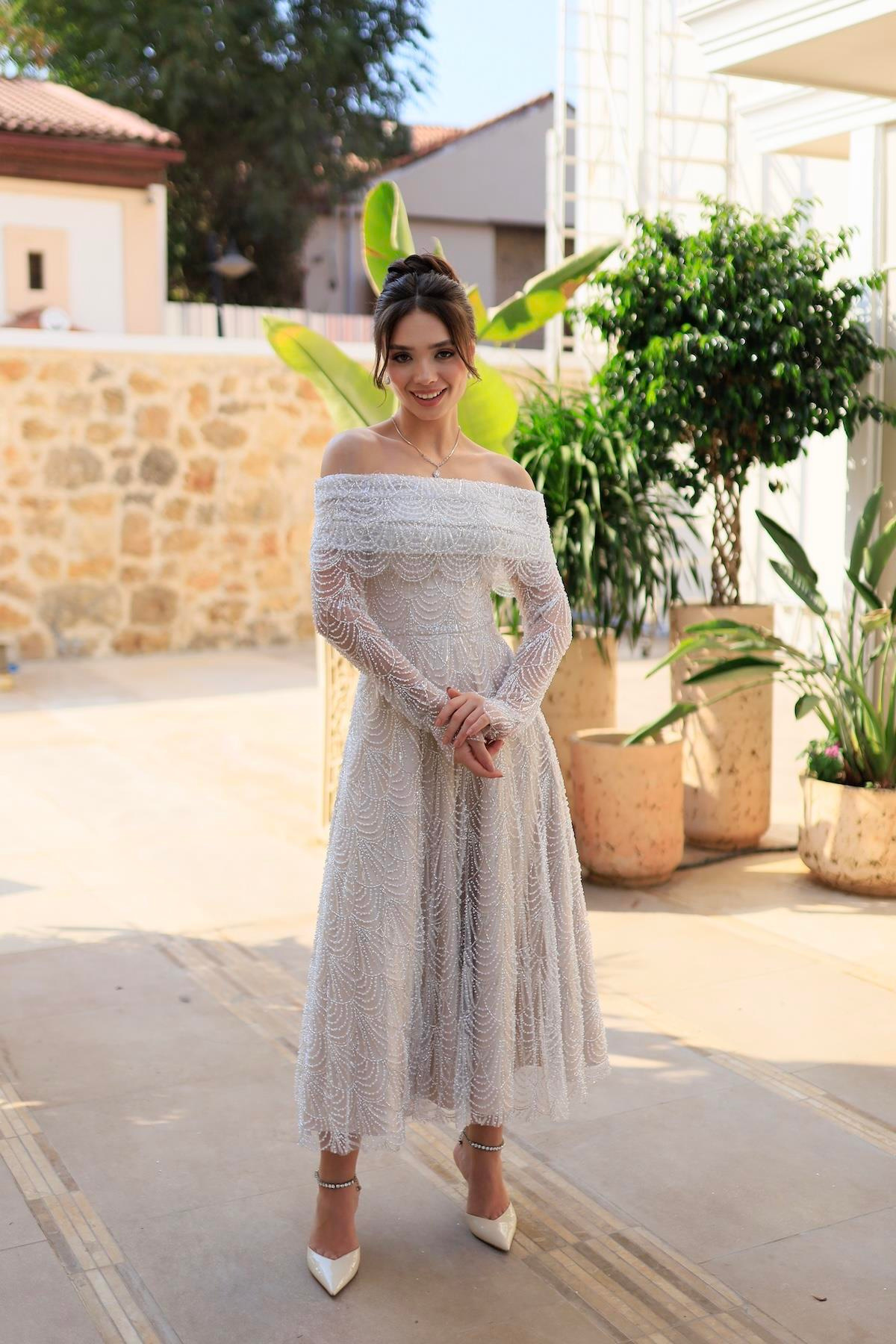 TheElsa | MONICA BOLERO PRENSESBEYAZ ELBİSELERMonica Bolero Prenses Özel Tasarım Dantel Nişan Nikah Elbisesi